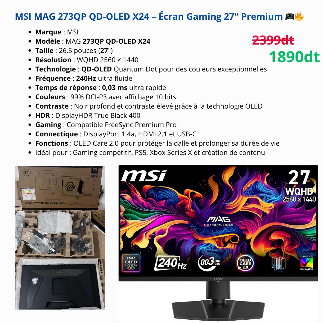 MD Tech Facebook ad: MSI MAG 273QP QD-OLED X24, Écran Gaming Premium…