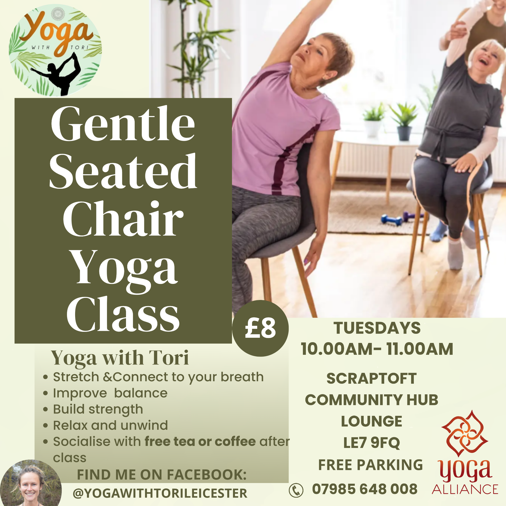 Yoga with Tori - Leicester Facebook ad: Try Seated Yoga for Beginners in Scraptoft Leicester.