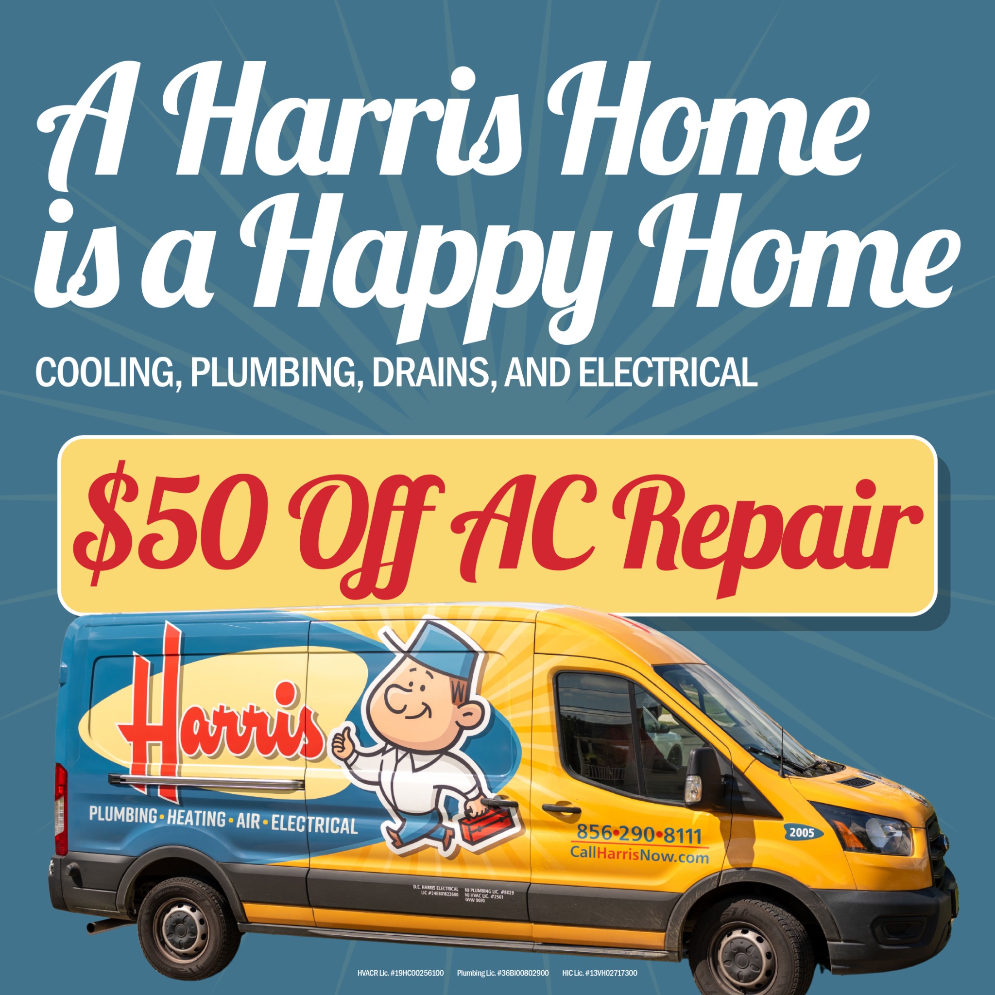 Harris Plumbing, Heating, Air & Electrical Facebook ad: $50 OFF AC REPAIR