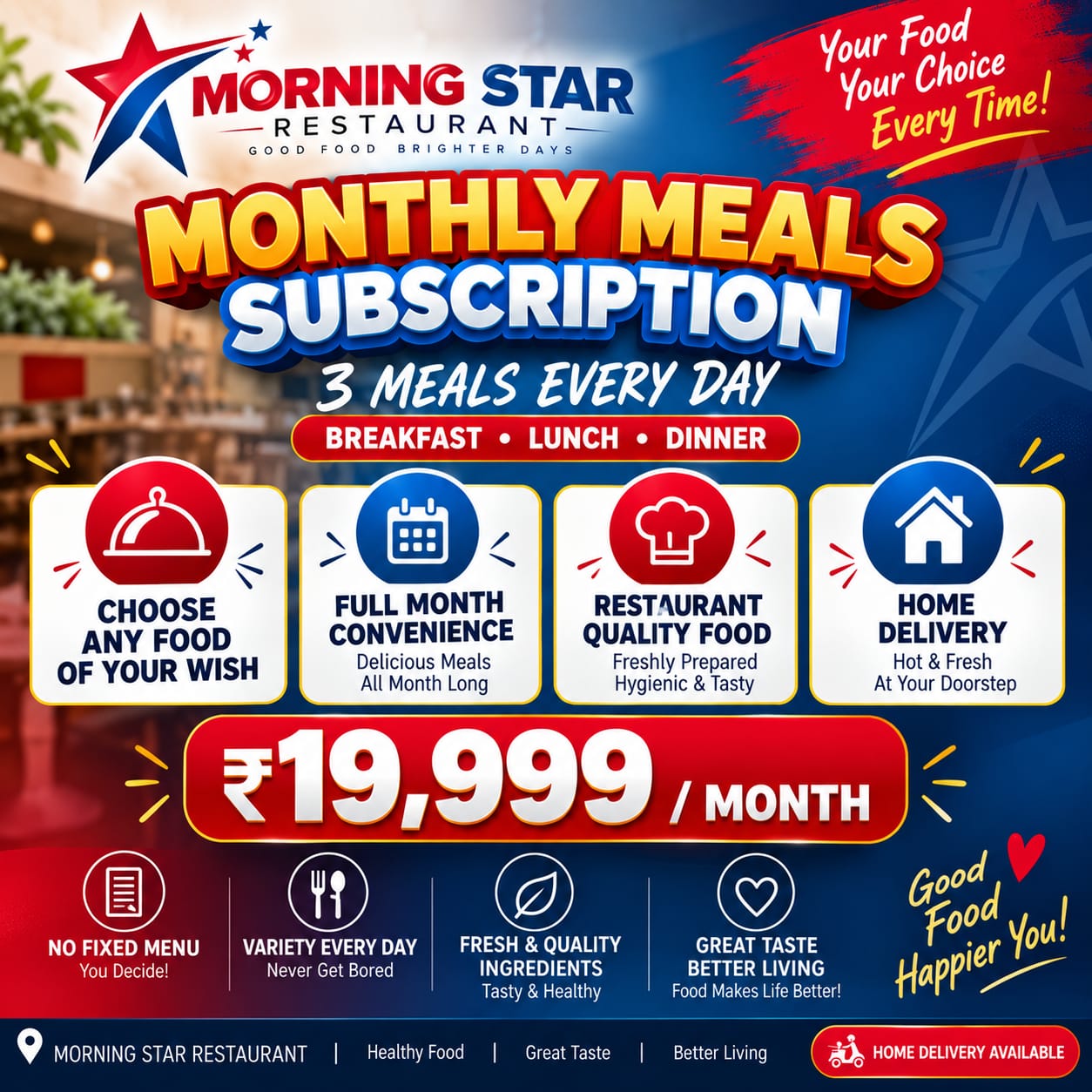 Morning Star D2D Facebook ad: 3 Restaurant Meals Every Day, ₹19,999/Month