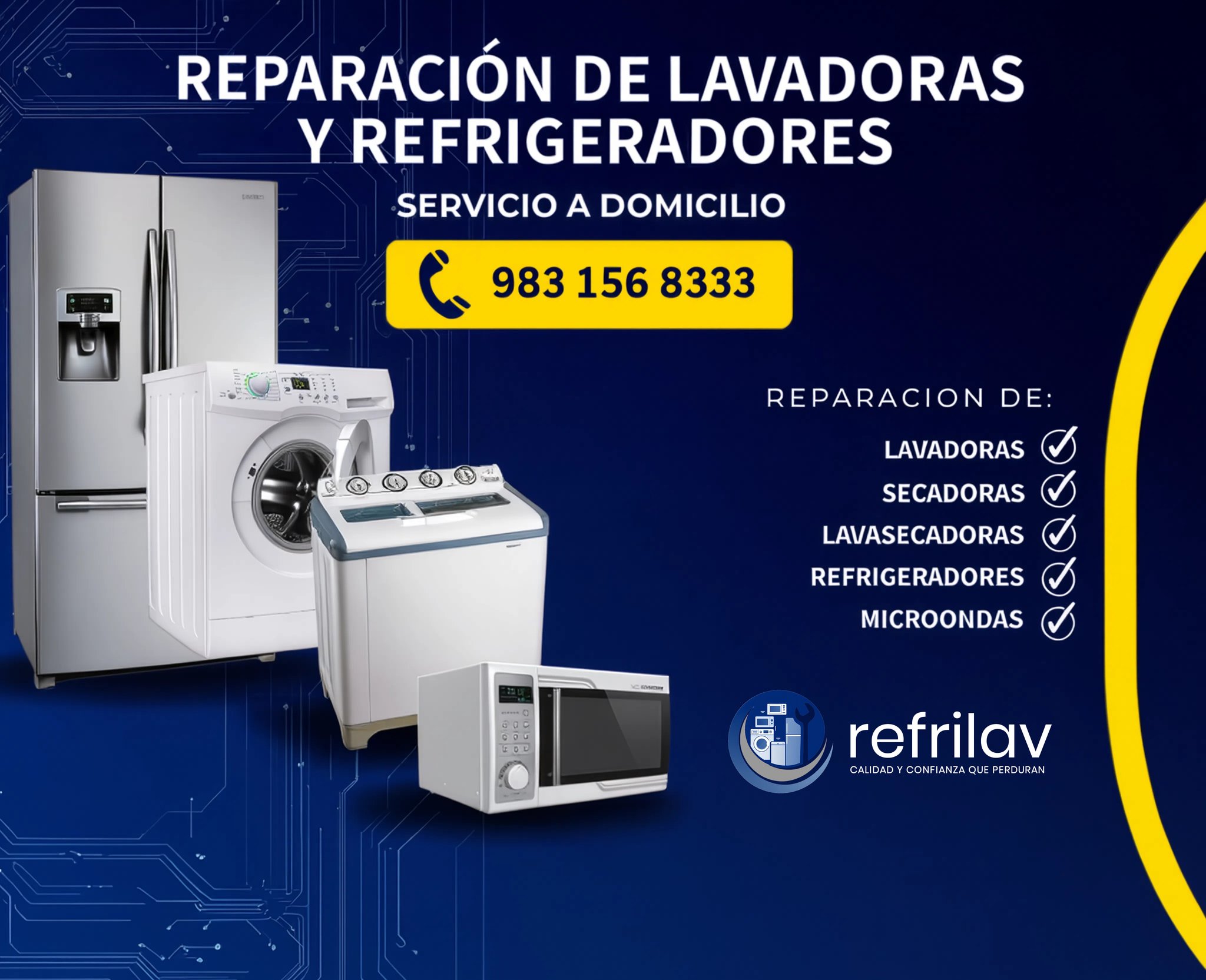 Refrilav Facebook ad: ¿Tu lavadora o refrigerador ya no funciona como…