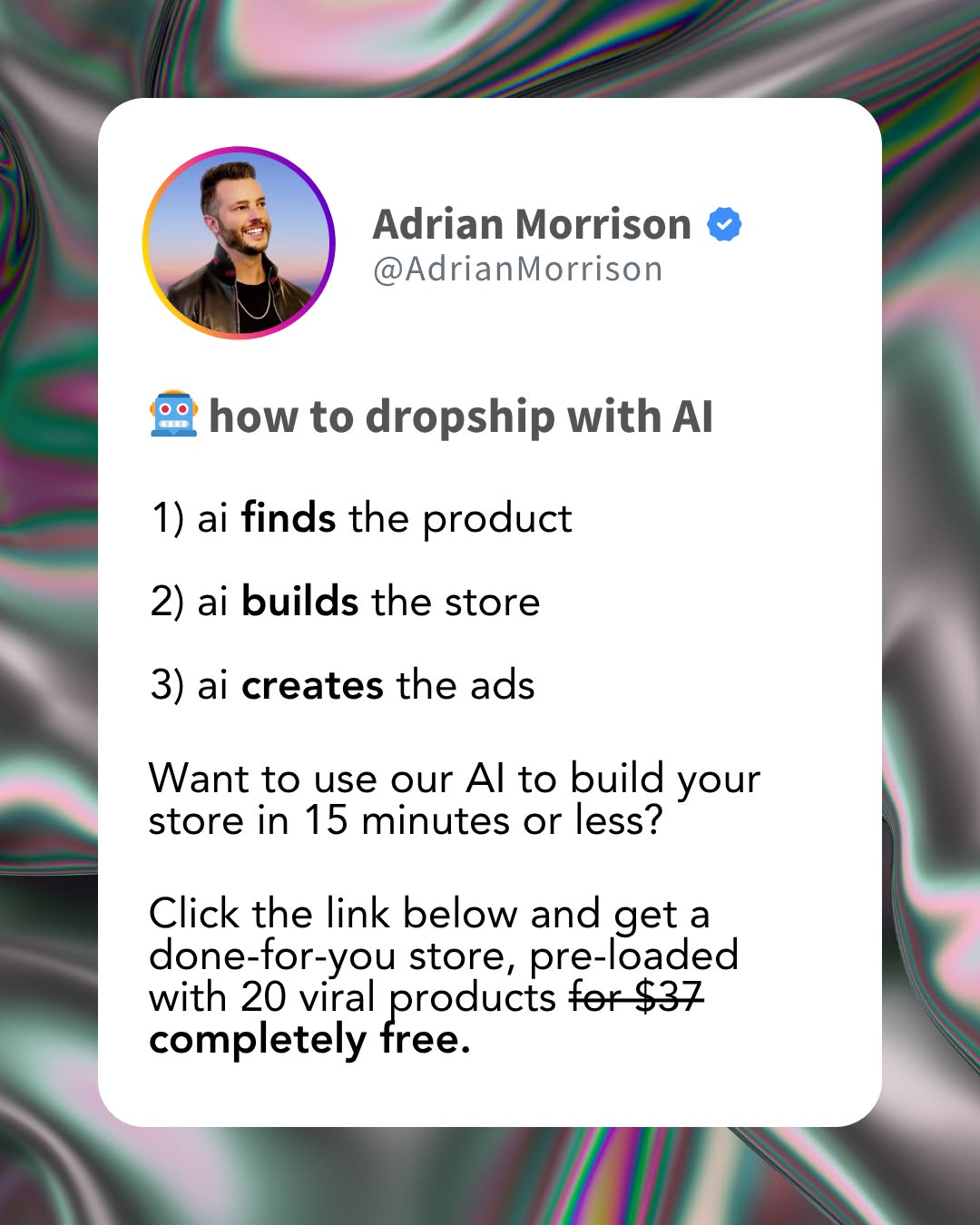 Adrian Morrison Facebook ad: FREE Done-For-You Shopify Store