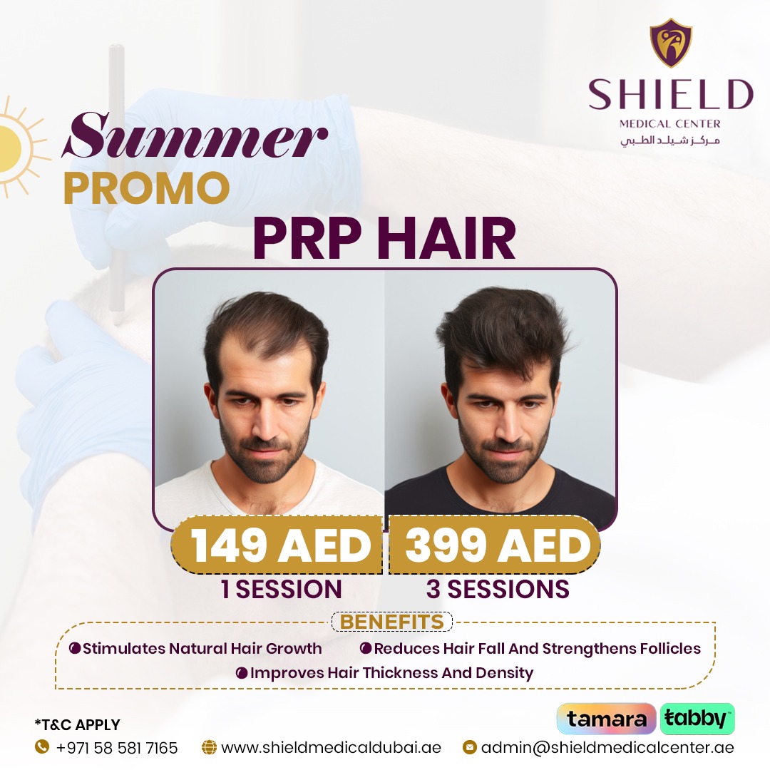 Shield Medical Center Dubai Facebook ad: PRP Hair Treatment From AED 149, Summer Offer!