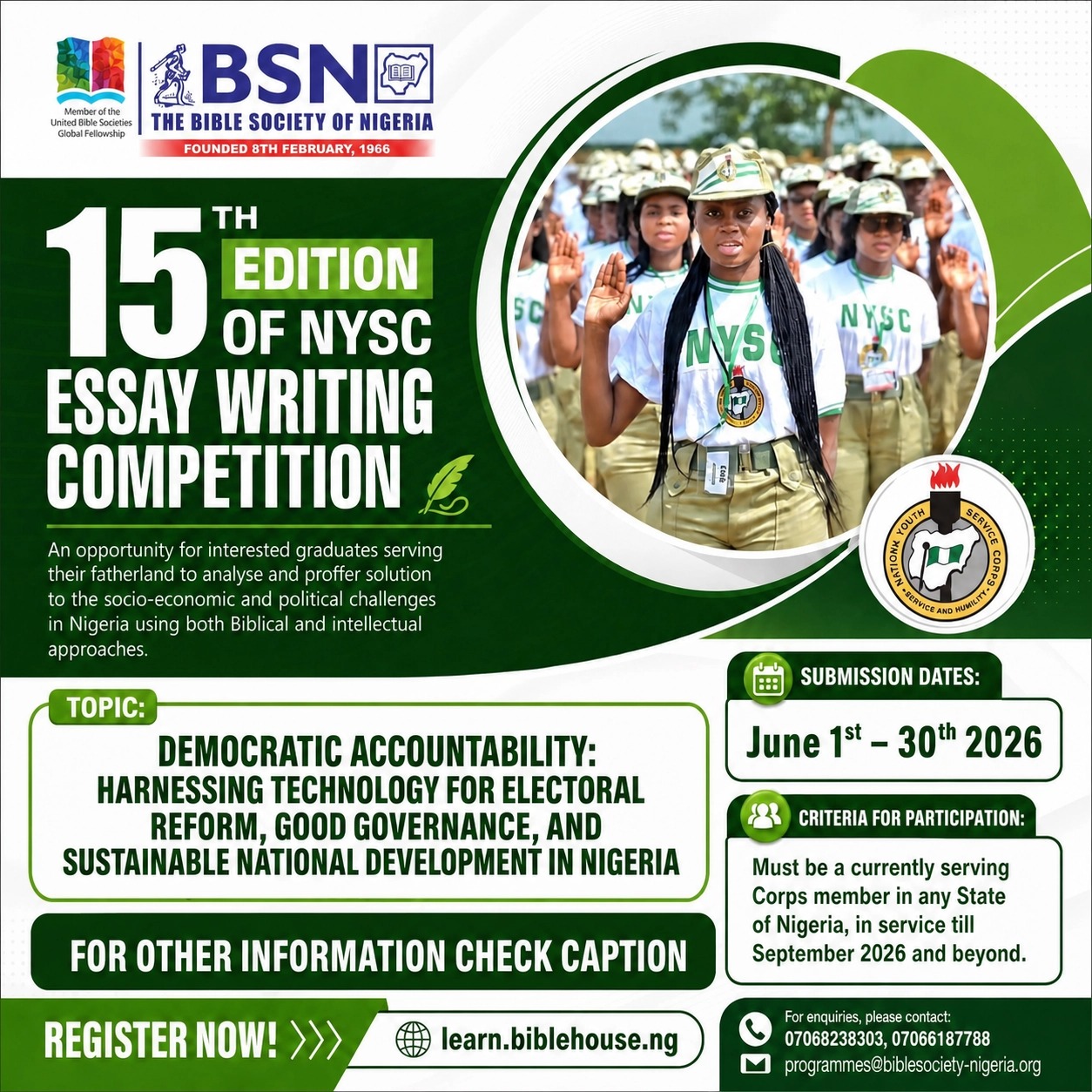 The Bible Society of Nigeria Facebook ad: ARE YOU A SERVING CORPS MEMBER with a…