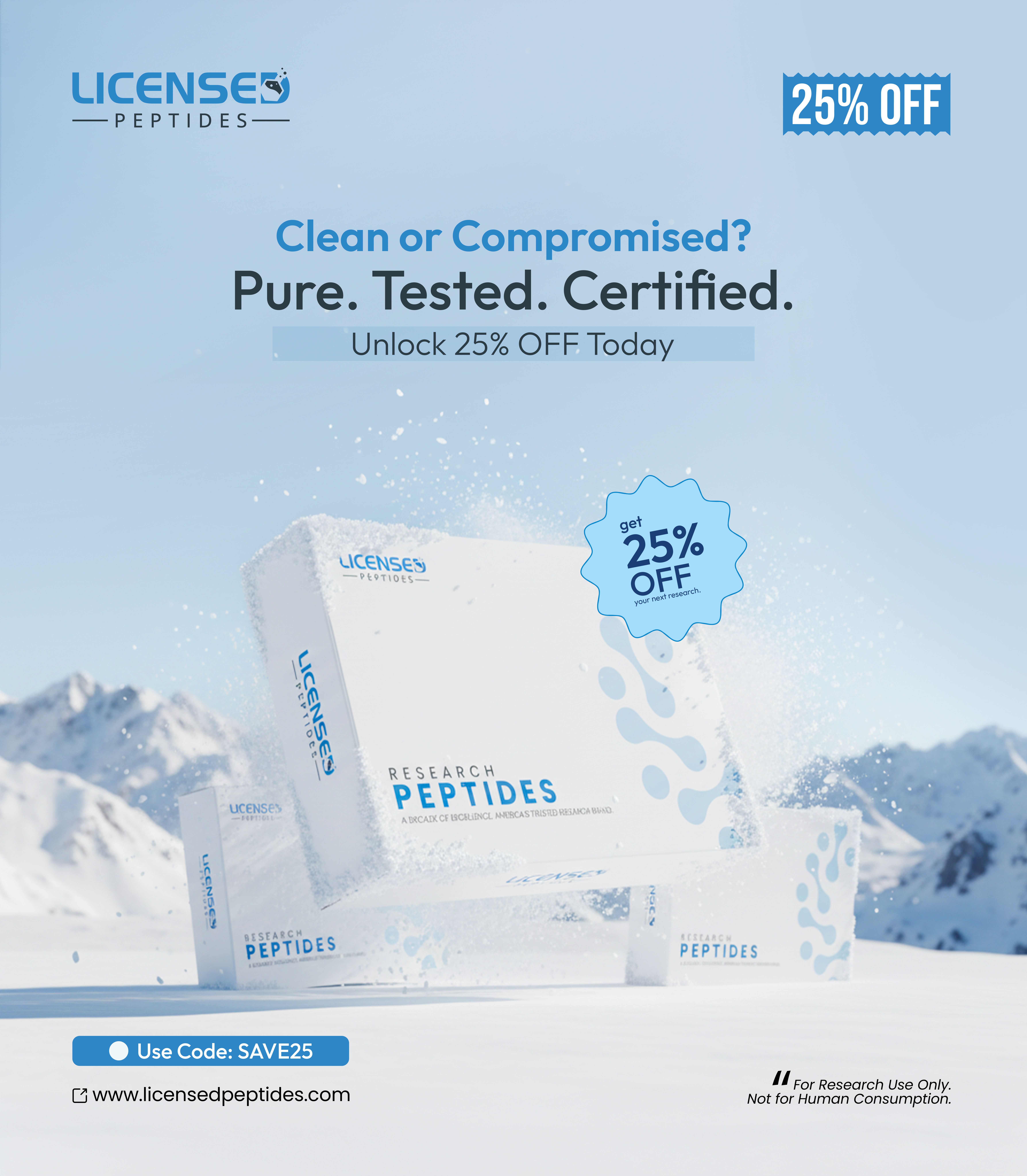 LicensedPeptides.com Facebook ad: 25% OFF Sale Ends Soon