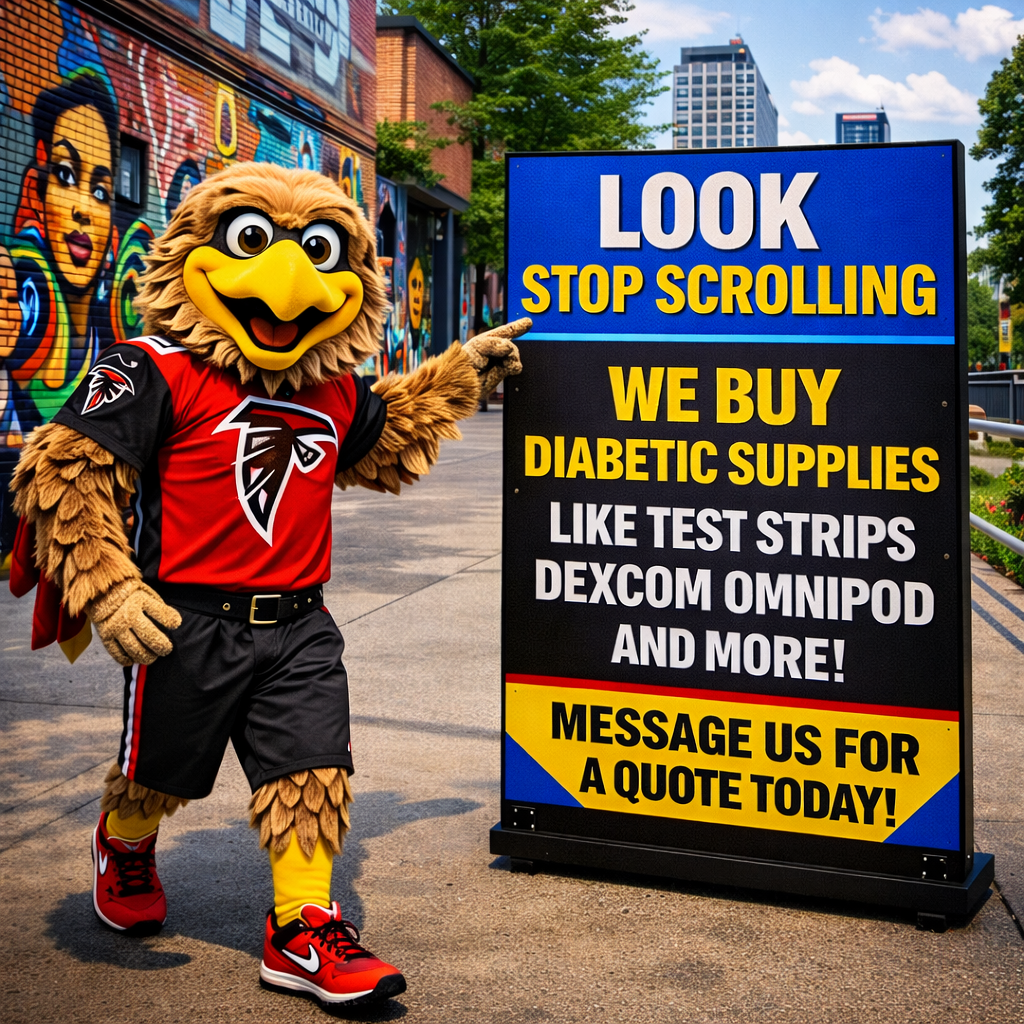 Test Strip Traders Facebook ad: Hey Falcons Fans! Sell Your Diabetic Supplies Today!