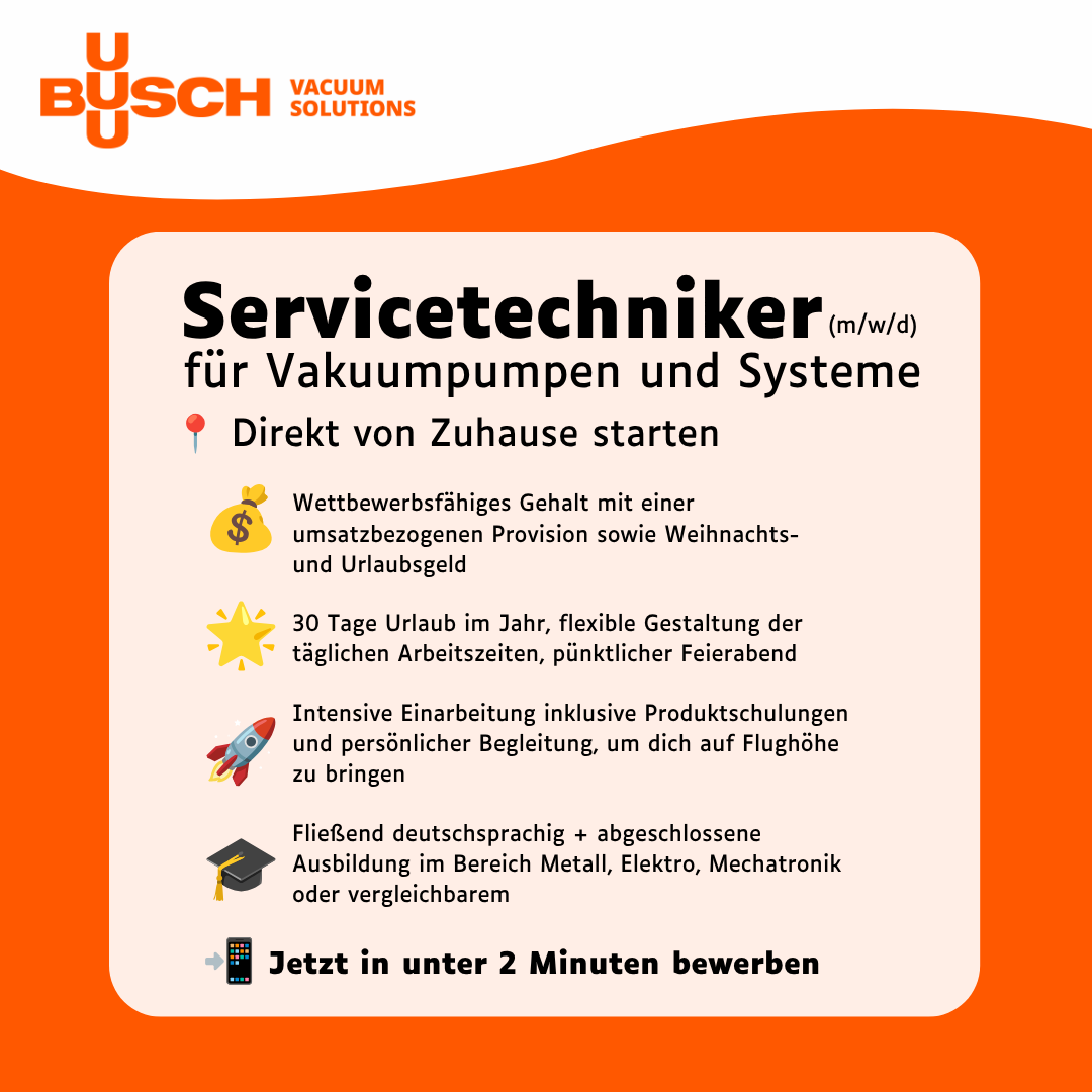 Busch Vacuum Solutions Facebook ad: Servicetechniker gesucht, regionale Einsätze, faire…