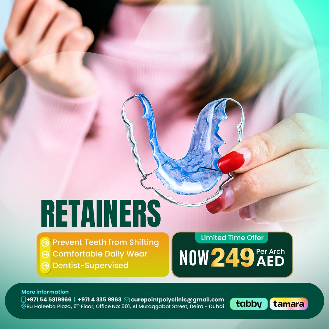 Cure Point Poly Clinic Facebook ad: Custom Dental Retainers, Only 249 AED/Arch