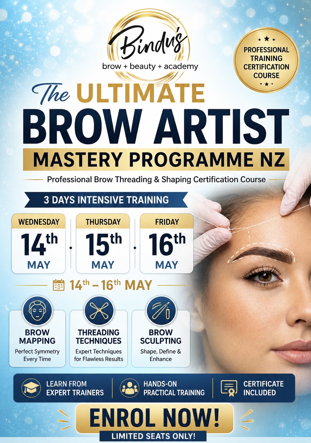 Bindu’s Beauty and Academy Facebook ad: Become a Brow Artist in 3 Days, Auckland Training