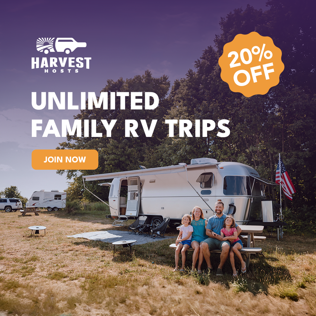 Harvest Hosts Facebook ad: 20% off unlimited overnight stays at 9,500+ RV…