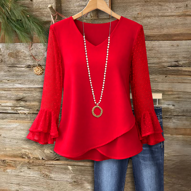Sassy Grace Boutique Facebook ad: Red Layered Bell-Sleeve V-Neck Blouse
