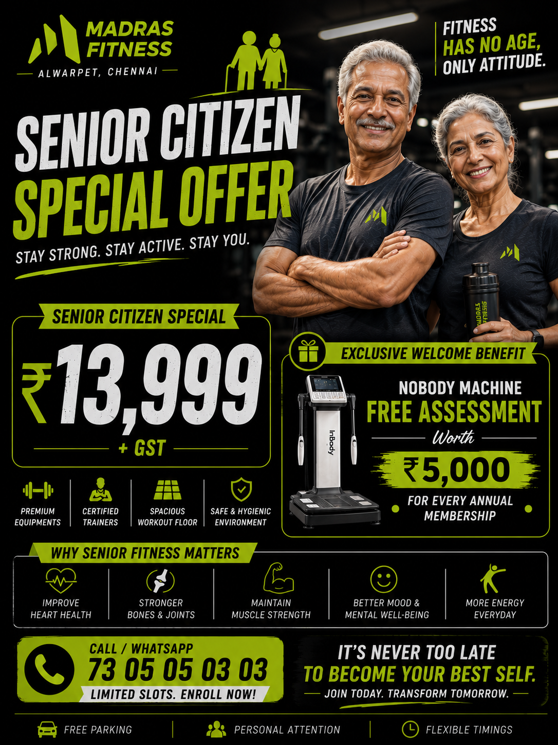 Madras Fitness Chennai Facebook ad: Senior Citizen Membership, ₹13,999 + GST