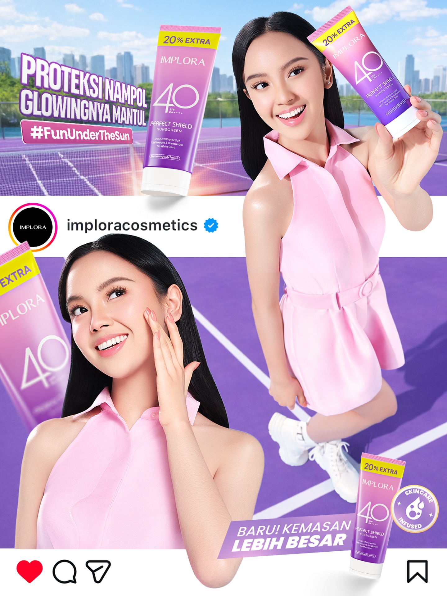 Implora Cosmetics Facebook ad: Panas-panasan tetap aman karena udah pakai Sunscreen Implora