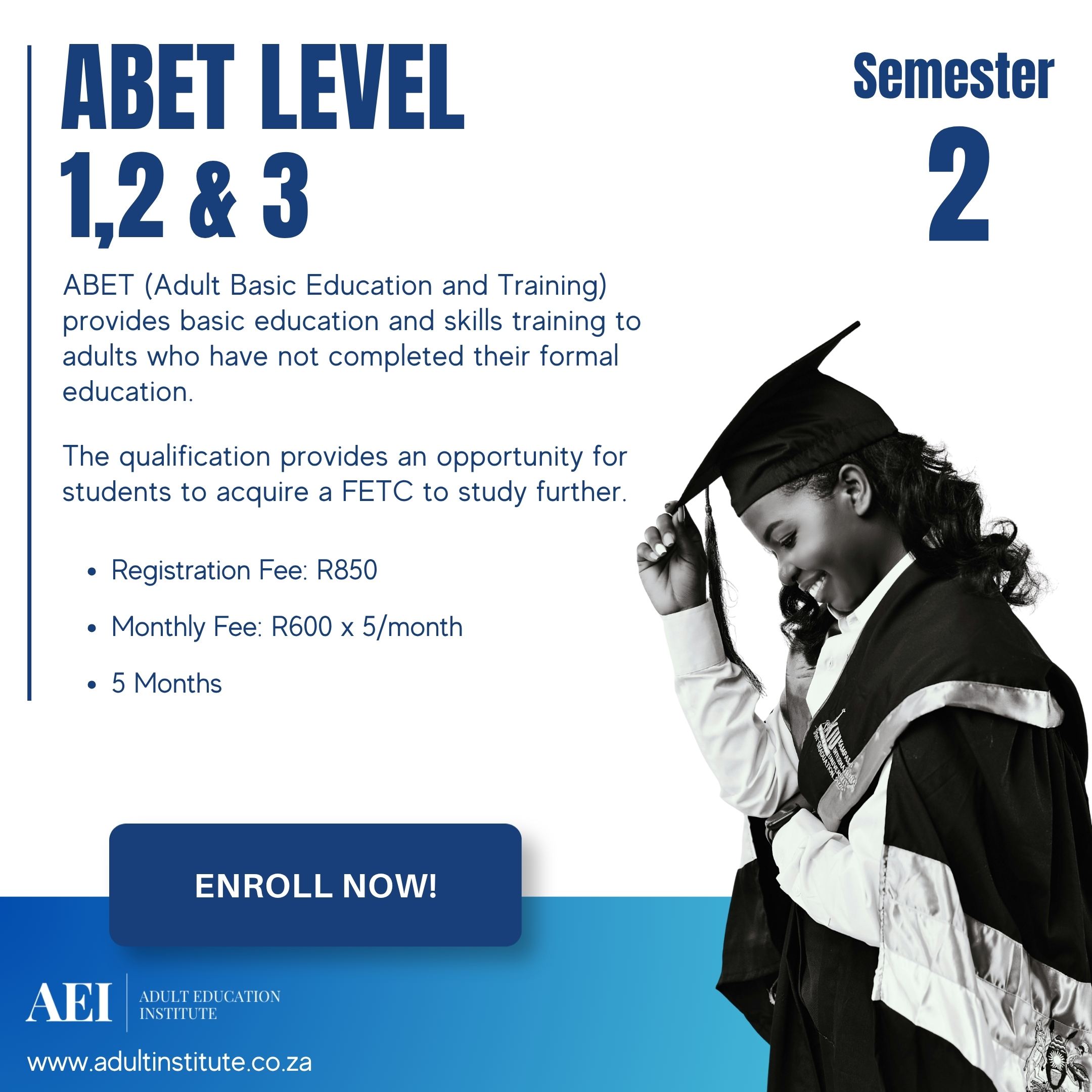 Adult Education Institute Facebook ad: ABET Level 1-2-3