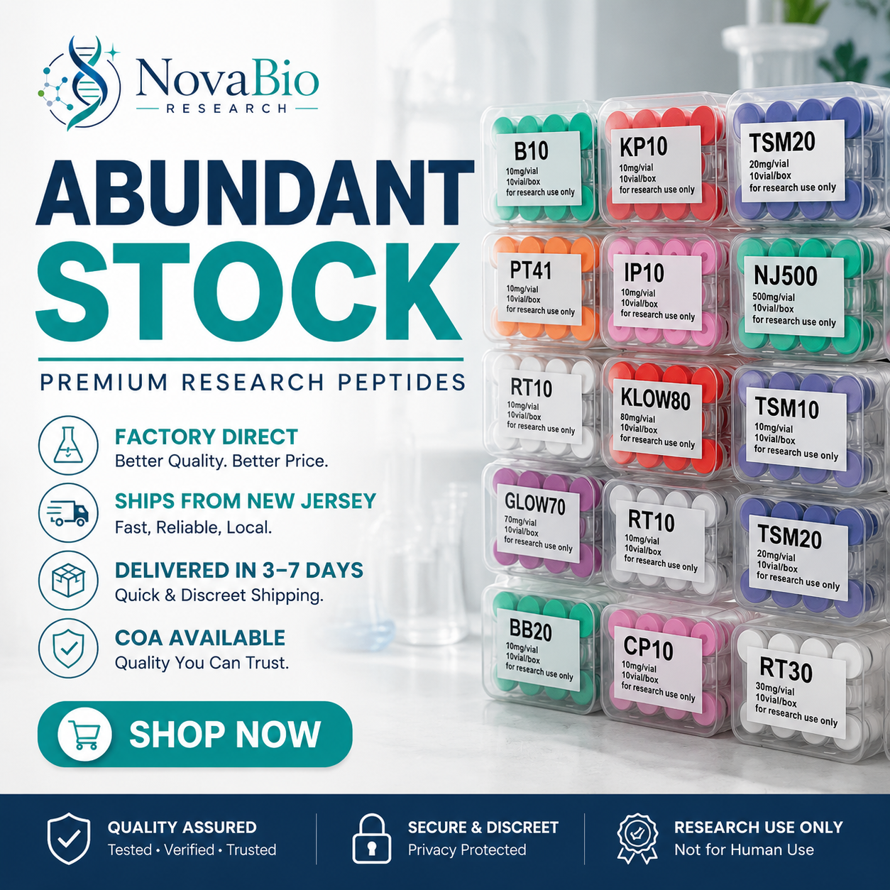Nova Bio Facebook ad: PREMIUM RESEARCH SUPPLY / IN STOCK NOW / QUALITY YOU CAN…
