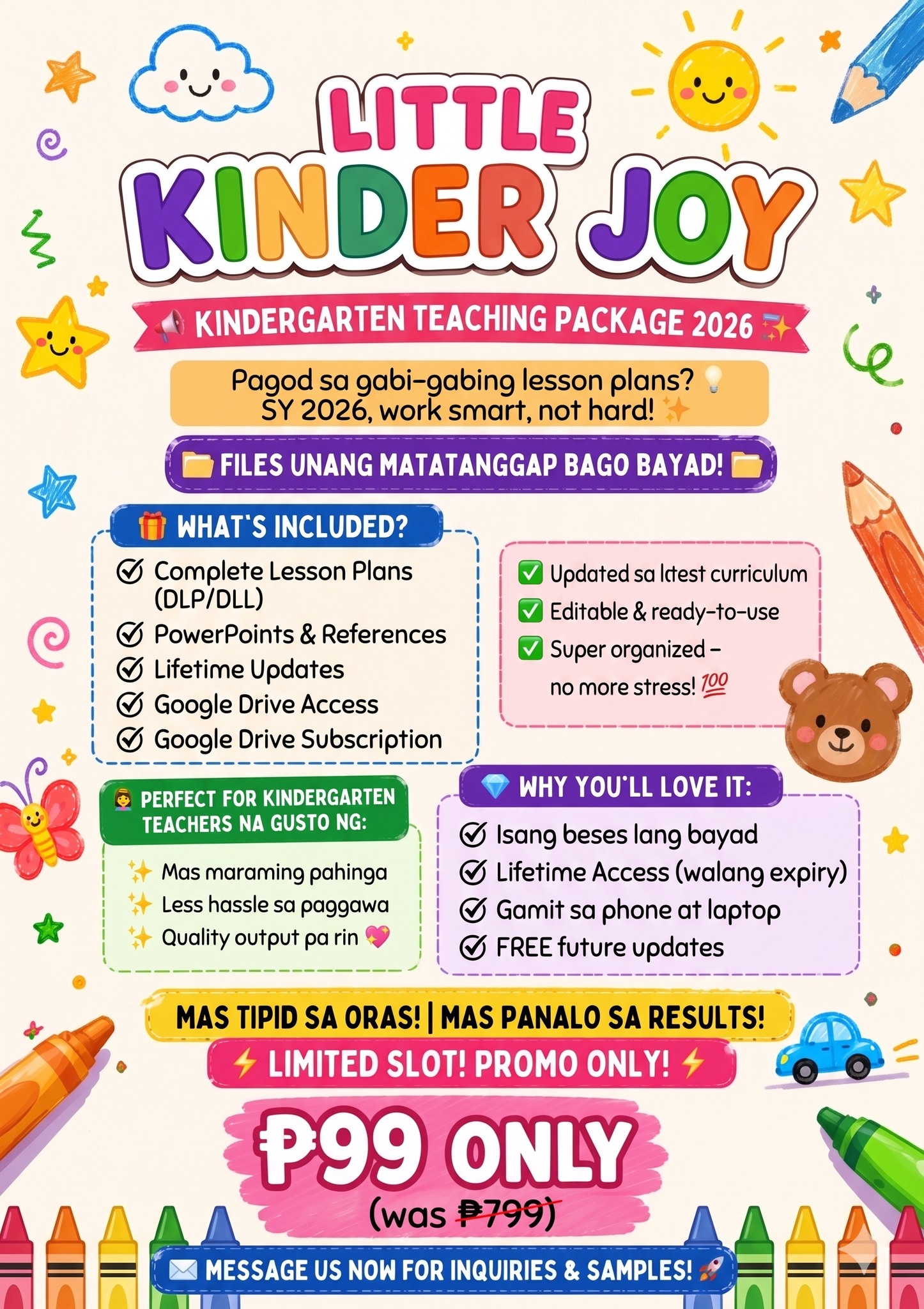 Little Kinder Joy Facebook ad: KINDERGARTEN TEACHING PACKAGE 2026