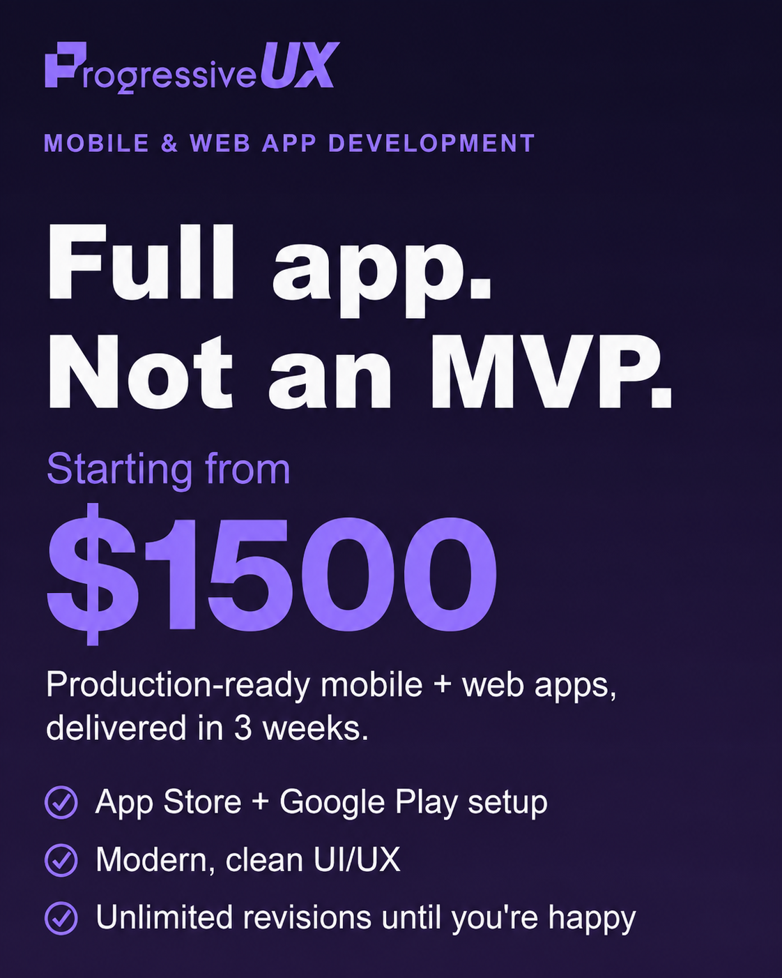 Progressive UX Facebook ad: Full Apps From $1,500