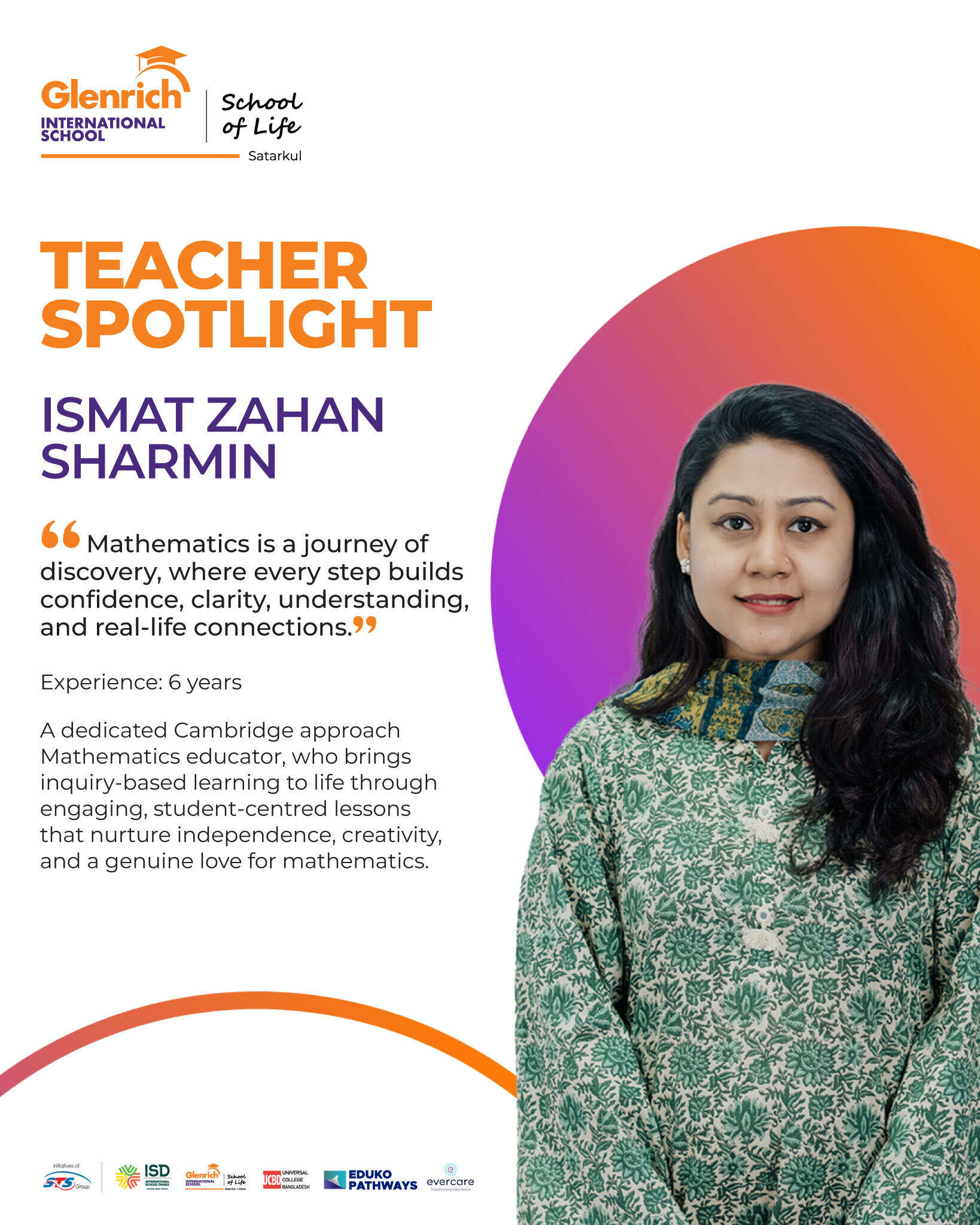 Glenrich International School, Satarkul Facebook ad: Meet Ms Ismat Zahan Sharmin, a passionate Mathematics…