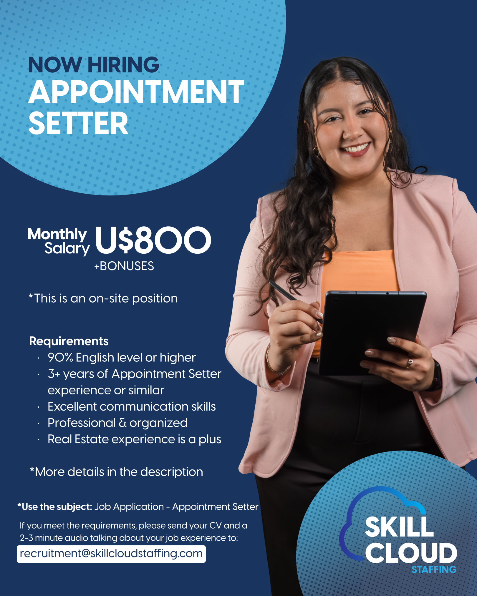 Skill Cloud Staffing Facebook ad: Now Hiring, Appointment Setter ($800 Monthly + Bonuses)