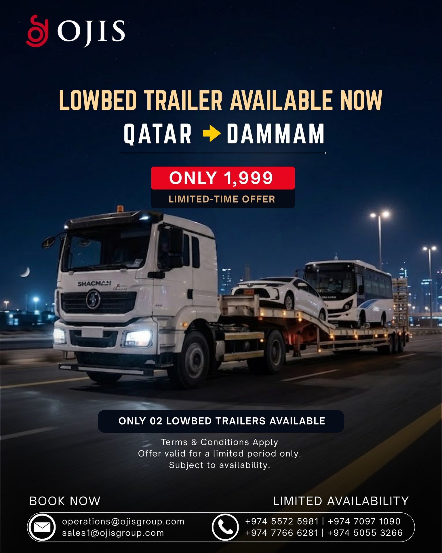 OJIS Trading & Transportation Services Facebook ad: LOWBED TRAILER | QATAR ➜ DAMMAM