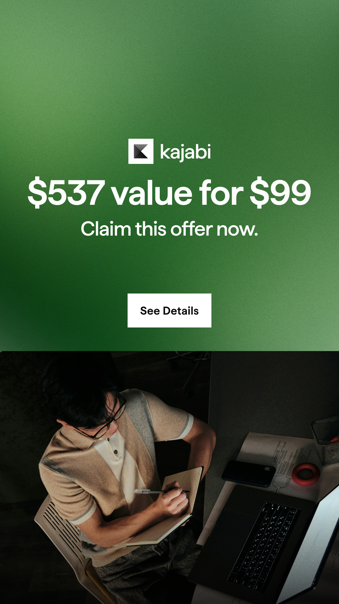 Kajabi Facebook ad: Three months. One platform. Unlimited potential.