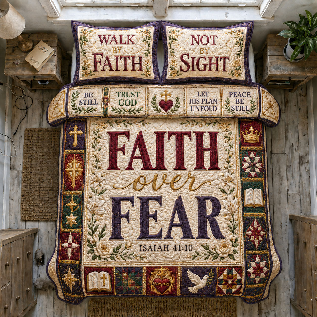 Patches Stitched Harmony Facebook ad: Walk by Faith Not by Sight 3-Piece Quilted Bedding Set…