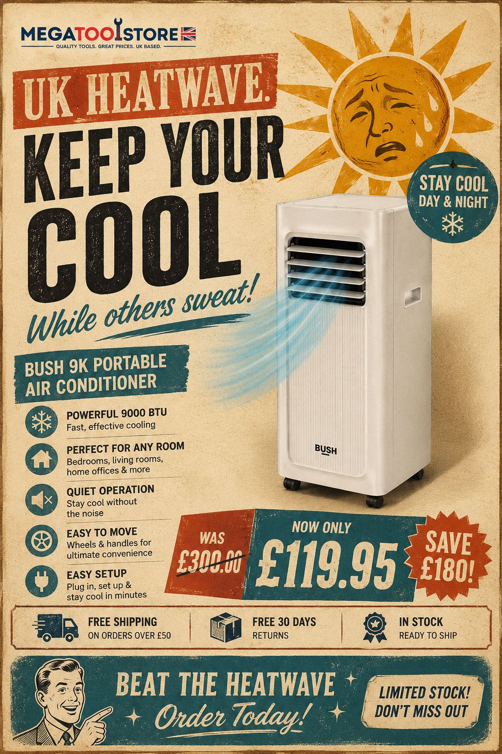 Mega Store UK Facebook ad: • Beat The UK Heatwave Today • Cool Your Room In…