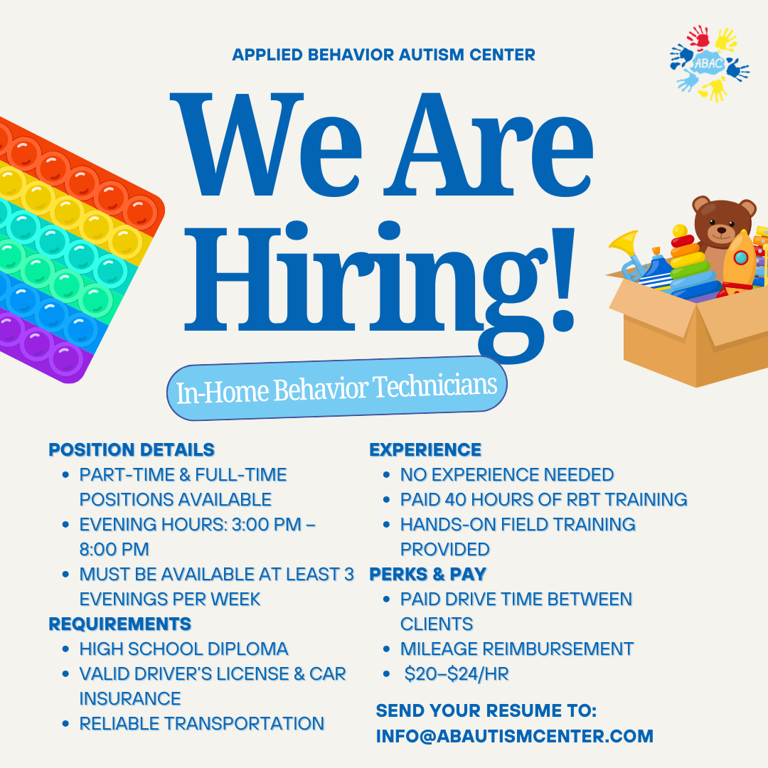 Applied Behavior Autism Center Facebook ad: Now Hiring Behavior Technicians, $20-$24/hr