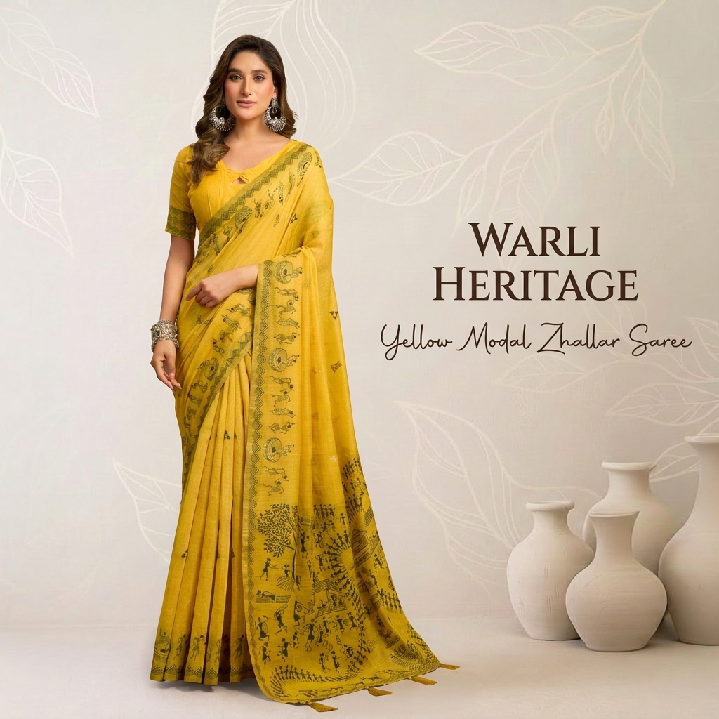 The Kanishka Store Facebook ad: Buy Yellow Modal Warli Zhallar Saree!