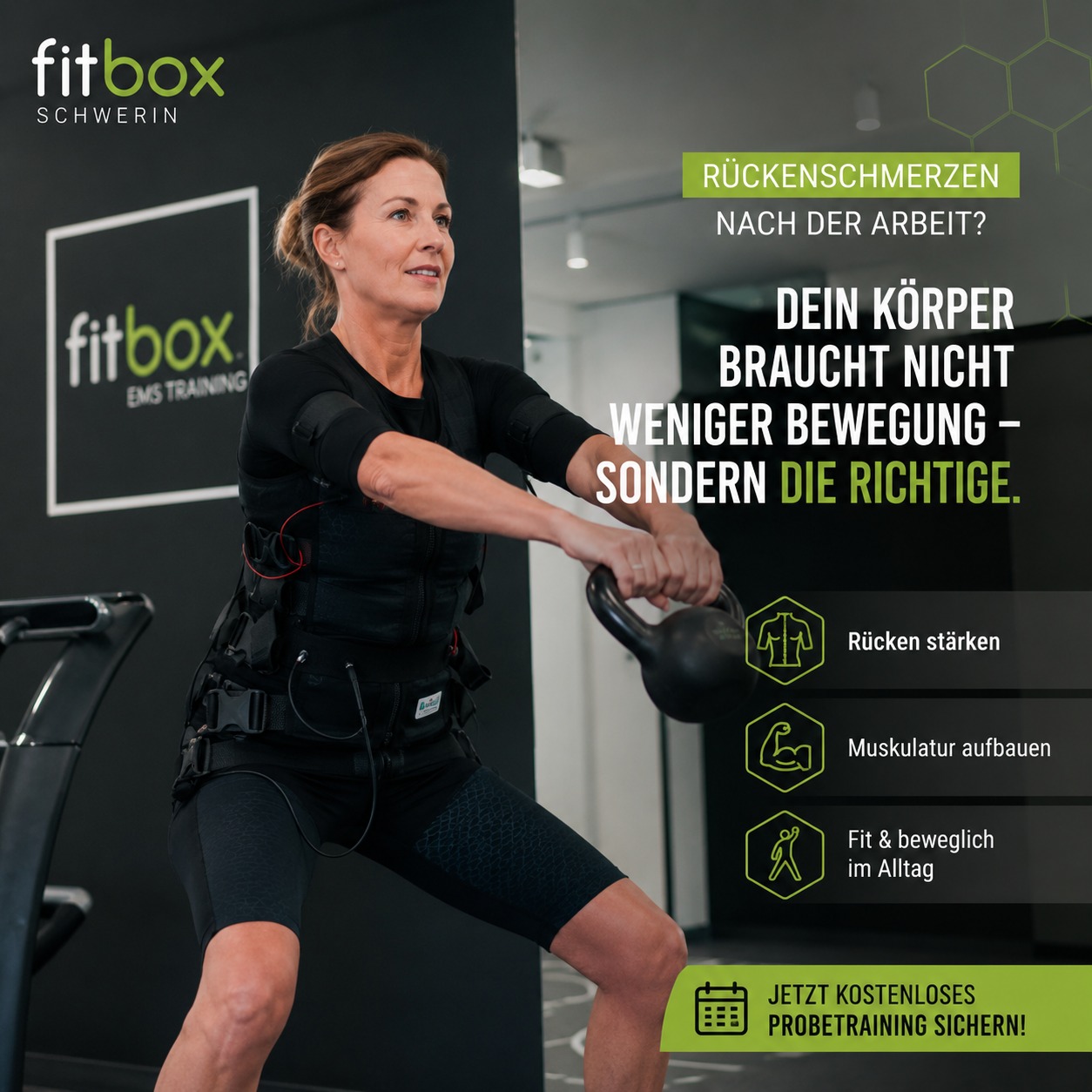 fitbox Schwerin Markt Facebook ad: Rückenschmerzen nach der Arbeit?