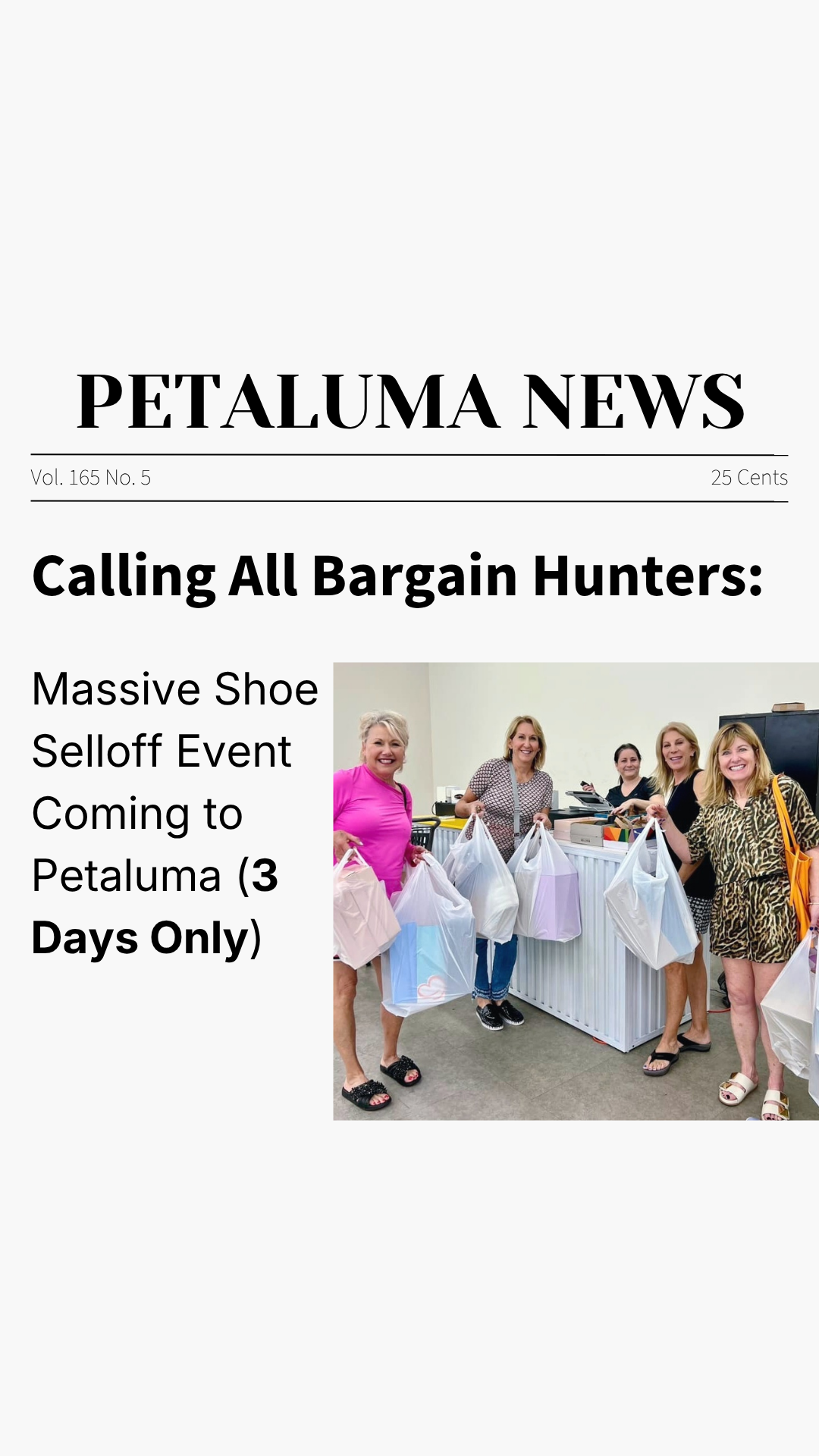 Shoe Selloff Event Facebook ad: Shoe Selloff Event | All shoes $30 or less | Petaluma, CA
