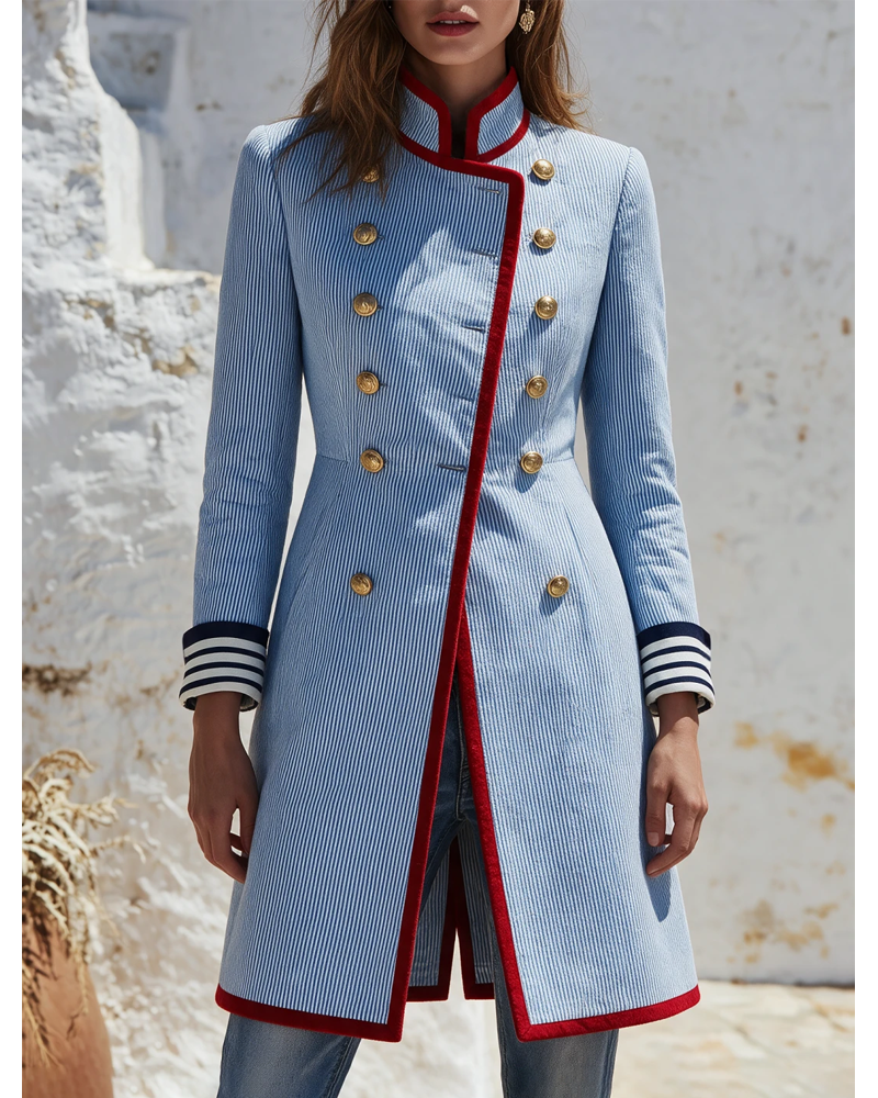 LuneMuse Facebook ad: Retro Contrasting Trim Double-breasted Striped Midi Coat