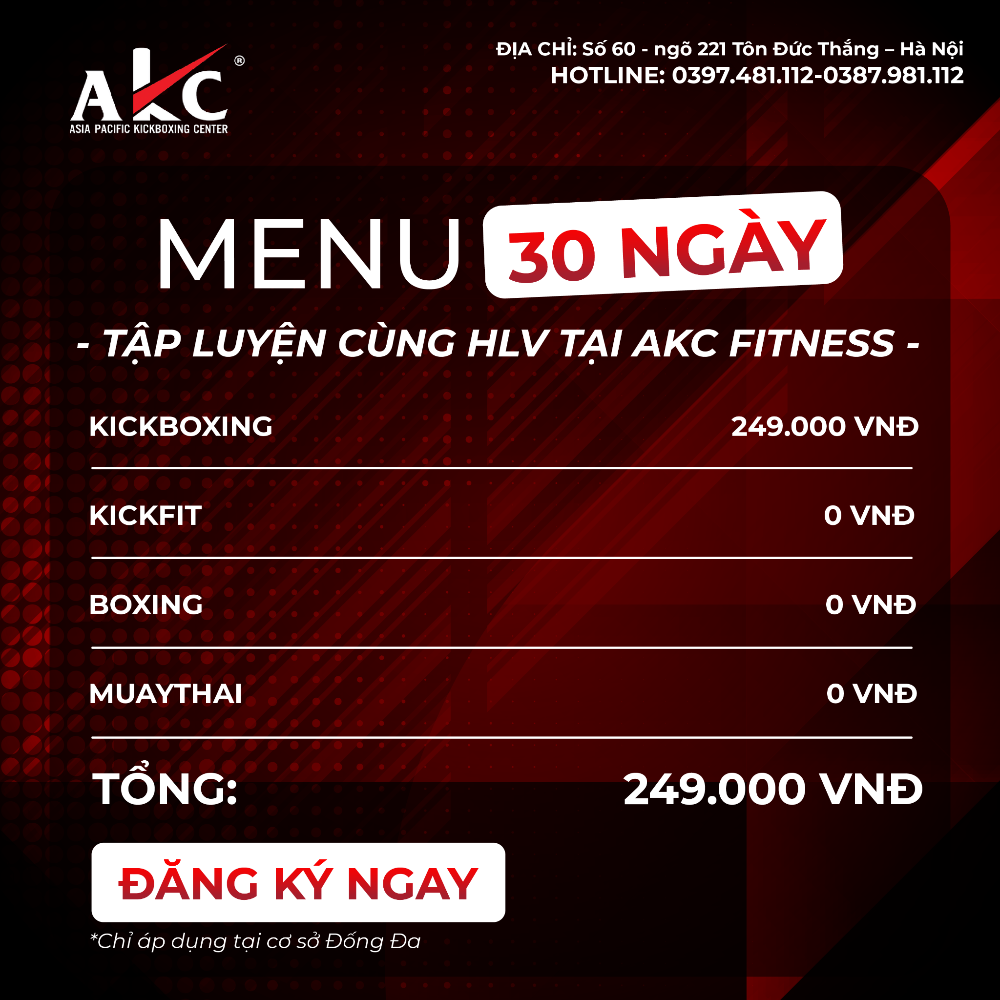 Kickboxing and Fitness Facebook ad: MENU 30 NGÀY TẬP LUYỆN CHỈ 249K, DUY NHẤT TẠI ĐỐNG ĐA