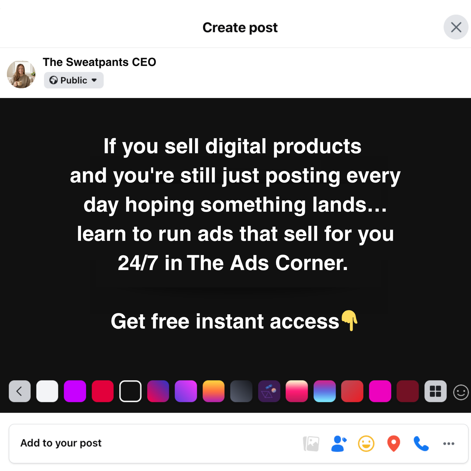 The Sweatpants CEO Facebook ad: Learn Facebook Ads that sell for you 24/7
