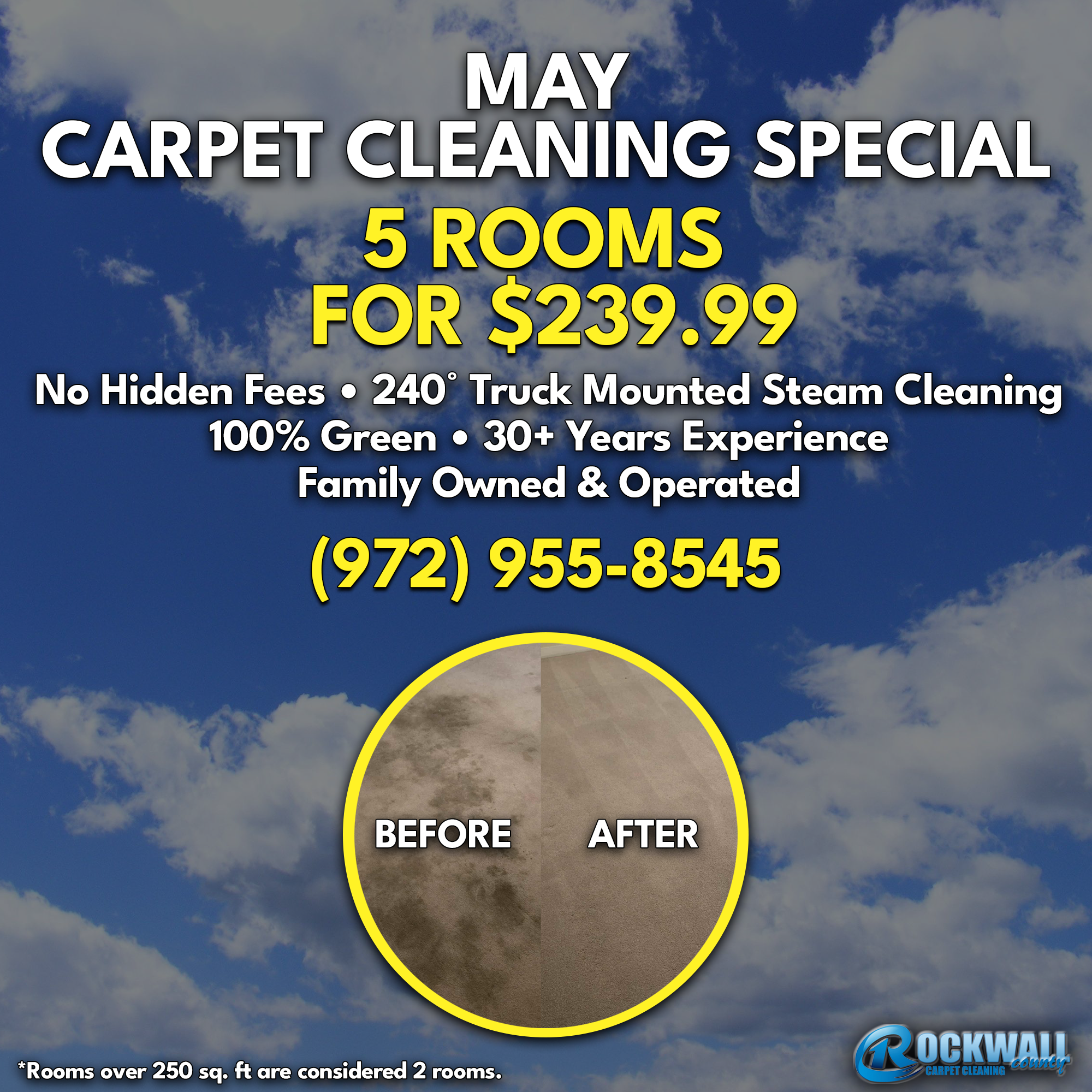 Rockwall County Carpet Cleaning Facebook ad: 5 Rooms For $239.99