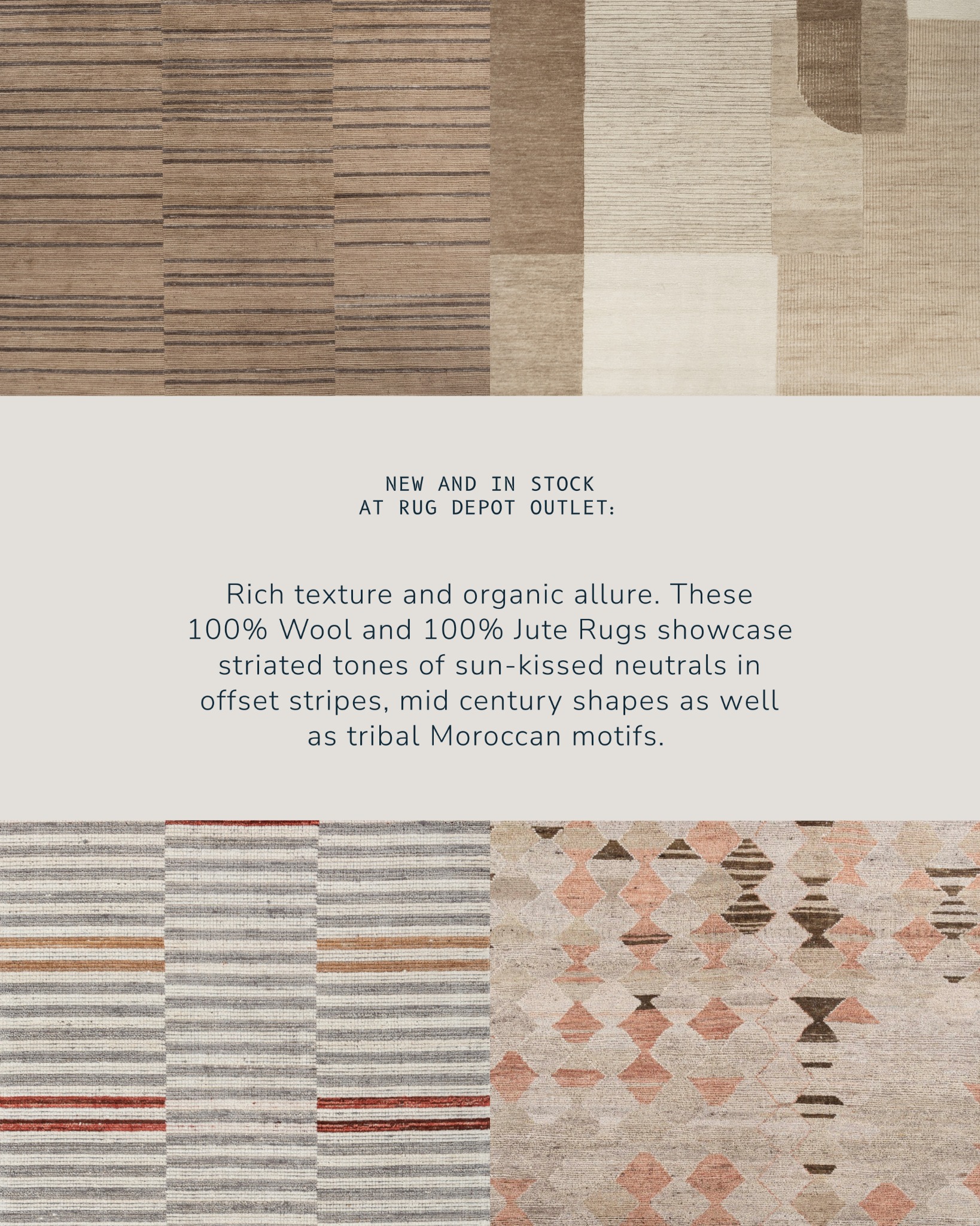 Rug Depot Outlet Facebook ad: Discover hand-knotted wool and jute rugs in sunbaked…