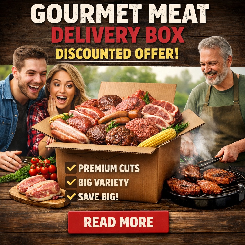 PremierGuide Glimpse Facebook ad: Delve Into Gourmet Meat Box Variety.