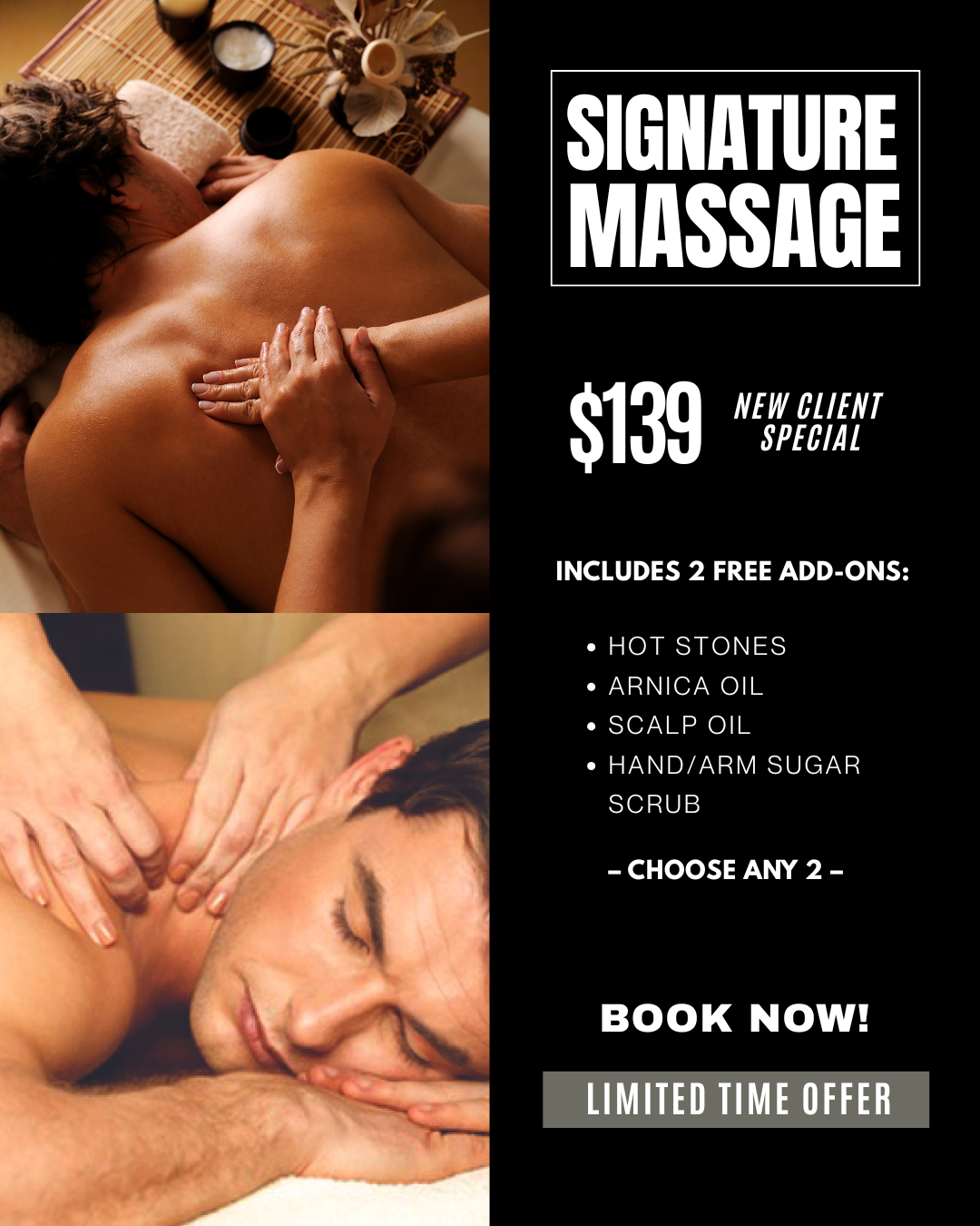 Spa Dulce Facebook ad: [ LIMITED ] $139 Signature Men’s Massage + 2 Free Add-Ons