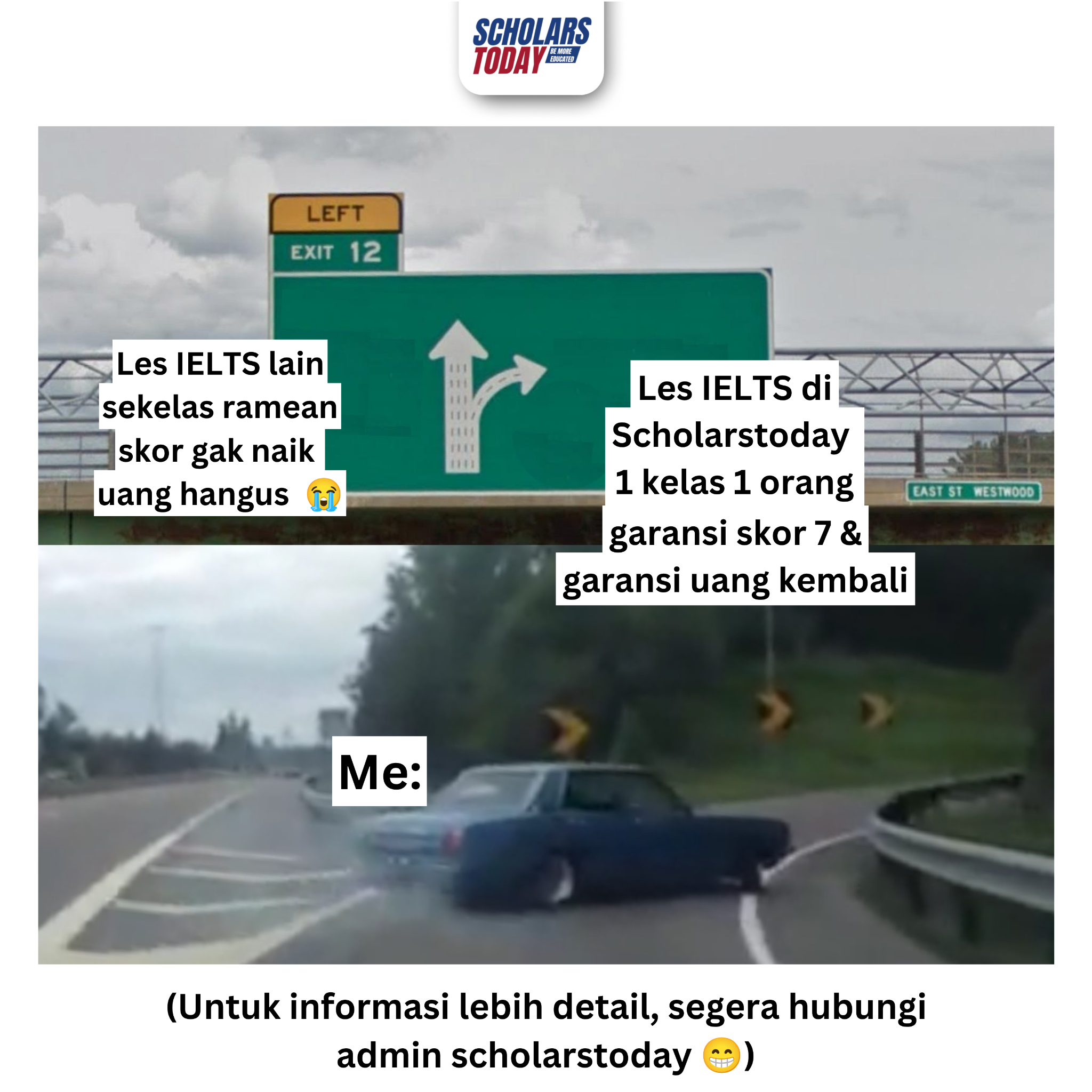 Scholarstoday Facebook ad: Garansi Skor 7 & Garansi Uang Kembali