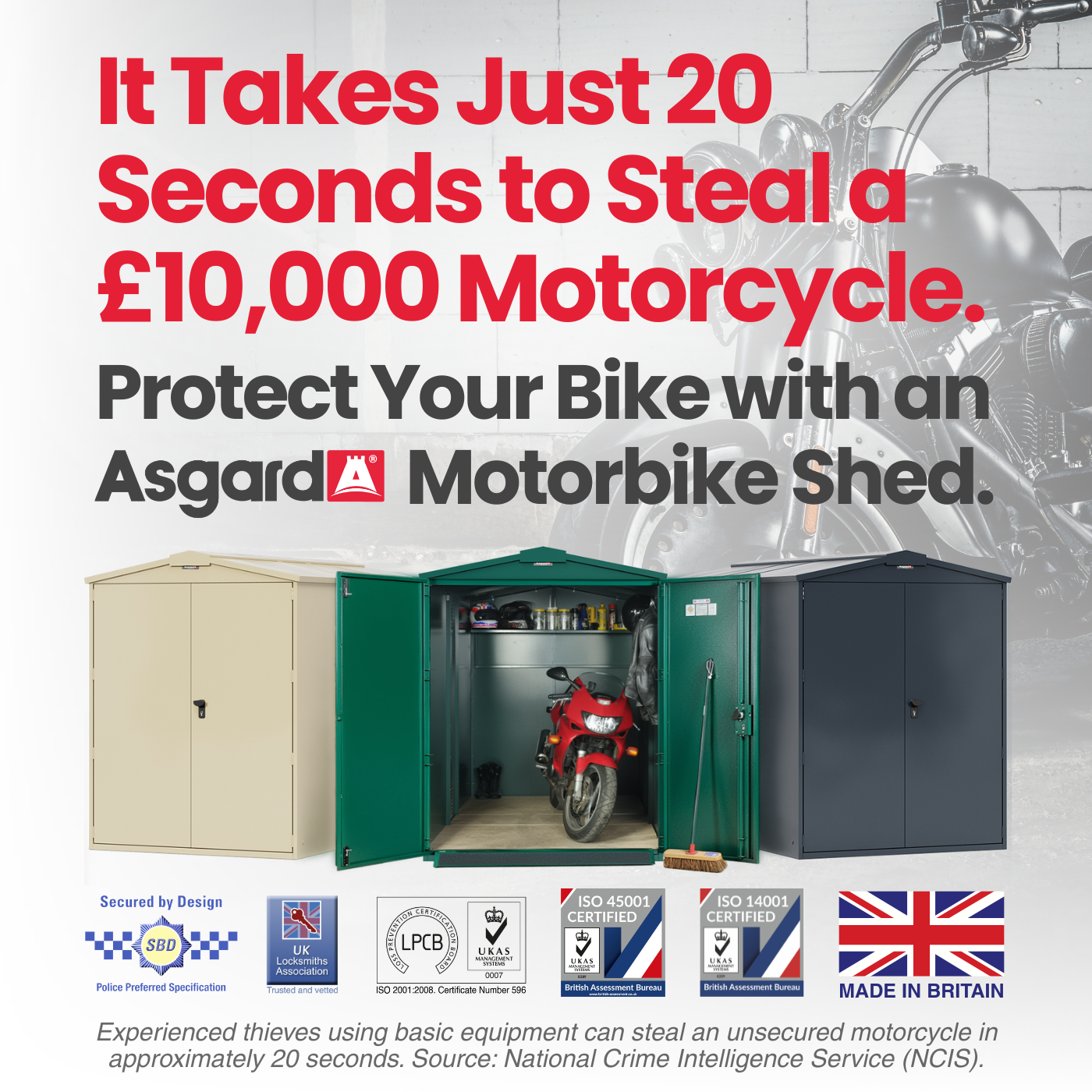 Asgard Storage Facebook ad: Motorcycle Storage Sheds, Secure Metal Motorbike Garages…