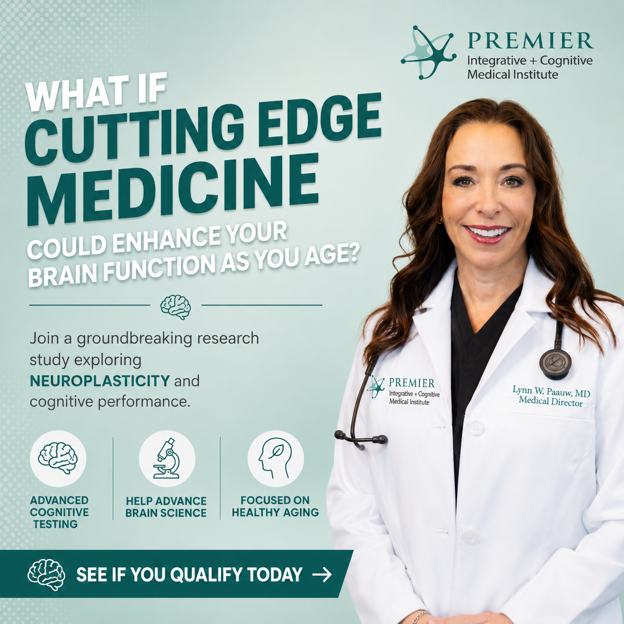 Premier Integrative & Cognitive Medical Institute Facebook ad: Neuroplasticity Clinical Trial