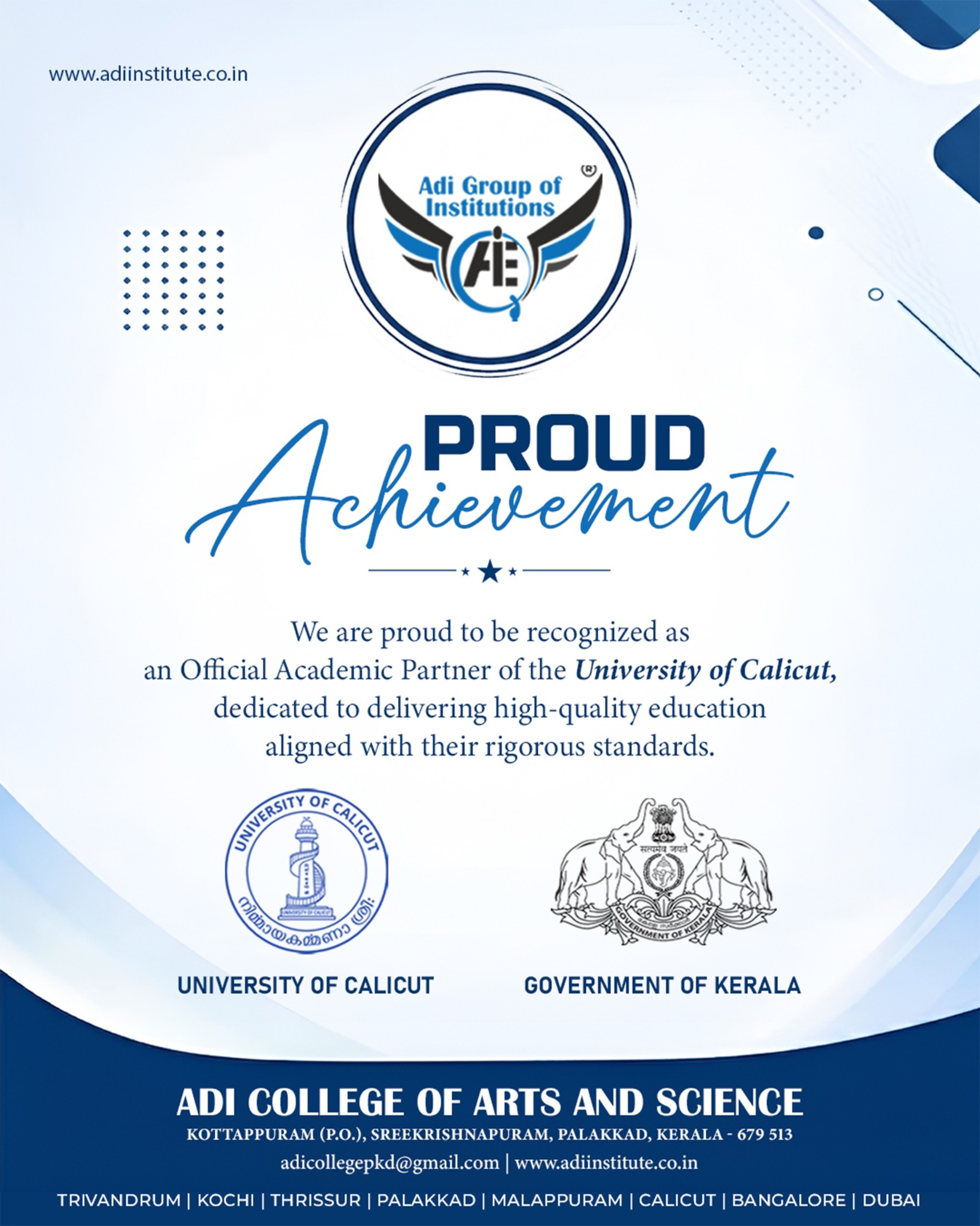 ADI College of Arts & Science Facebook ad: A Proud Milestone: Affiliated with Calicut University
