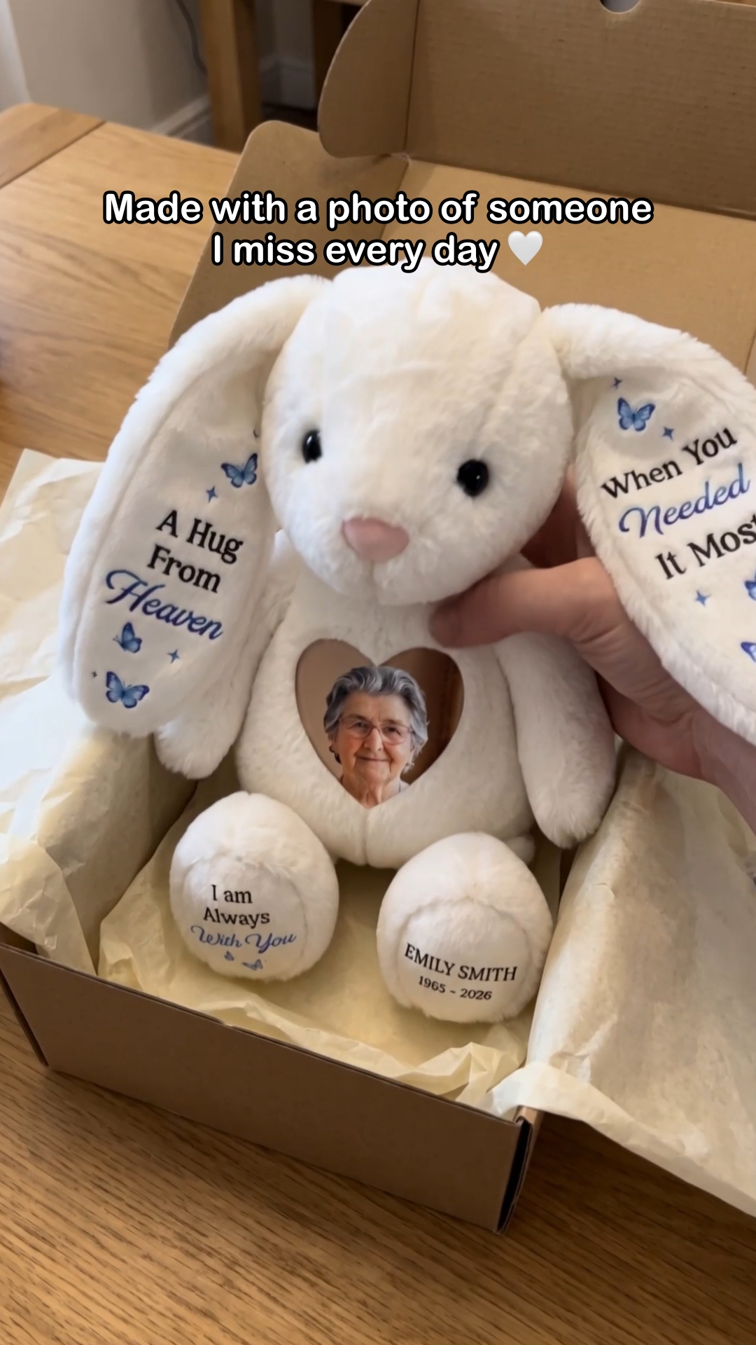 Pawfect House Corner Facebook ad: Custom bunny plush made to hold a parent’s…
