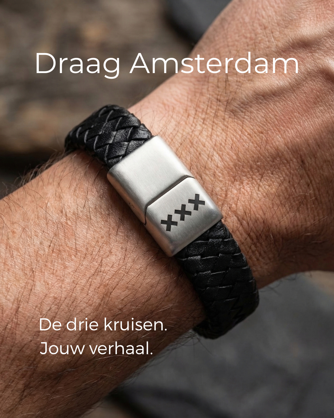 Amsterdam-sieraad Facebook ad: Leren herenarmband, draag Amsterdam