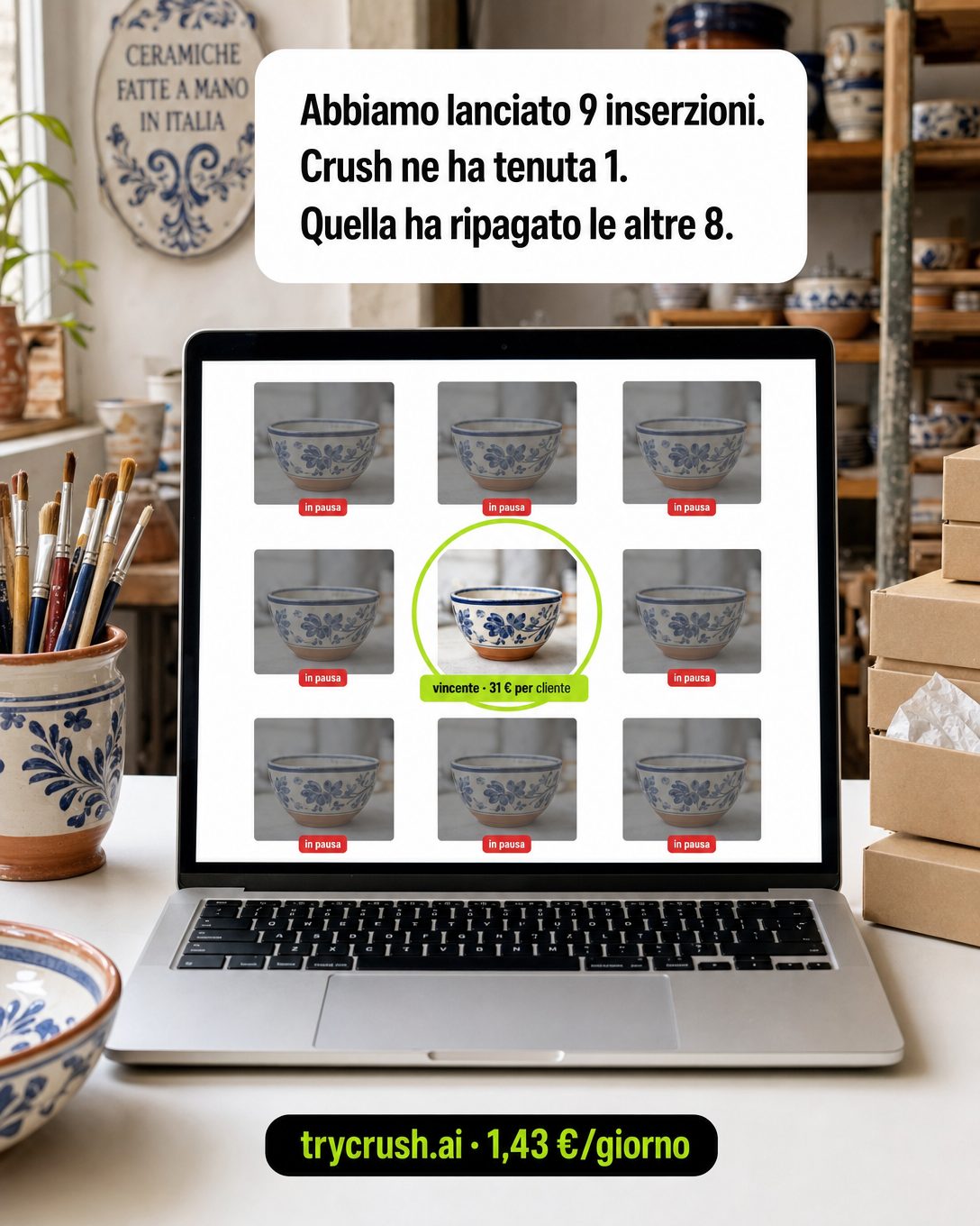 trycrush.ai Facebook ad: 9 inserzioni lanciate. Crush ne ha tenuta 1.