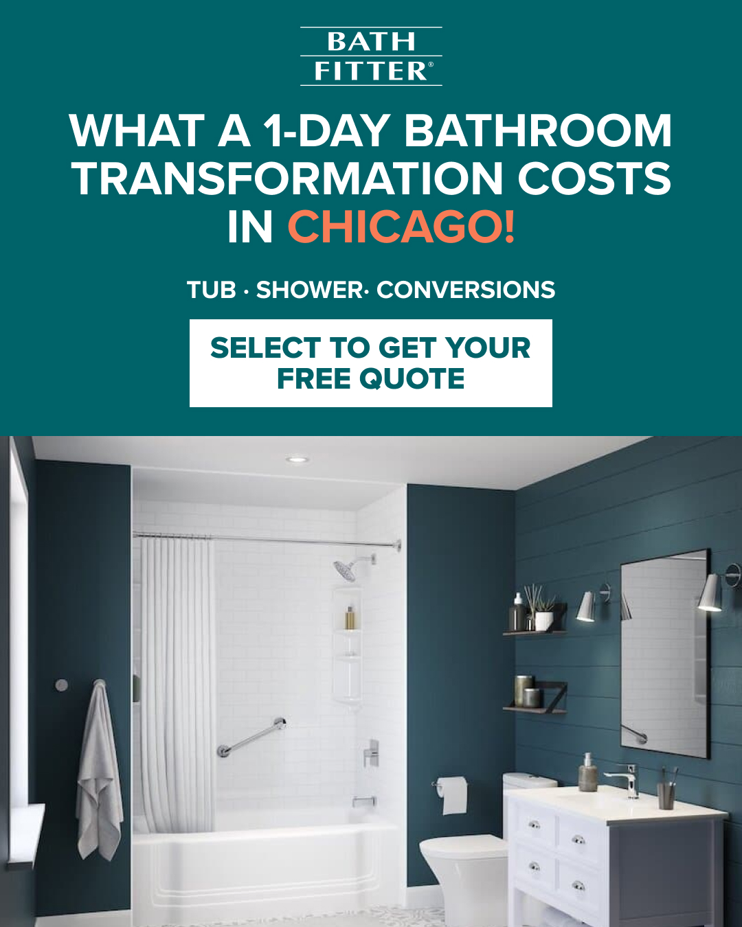 Bath Fitter Facebook ad: CHICAGO HOMEOWNERS: 1-Day Tub & Shower Remodels