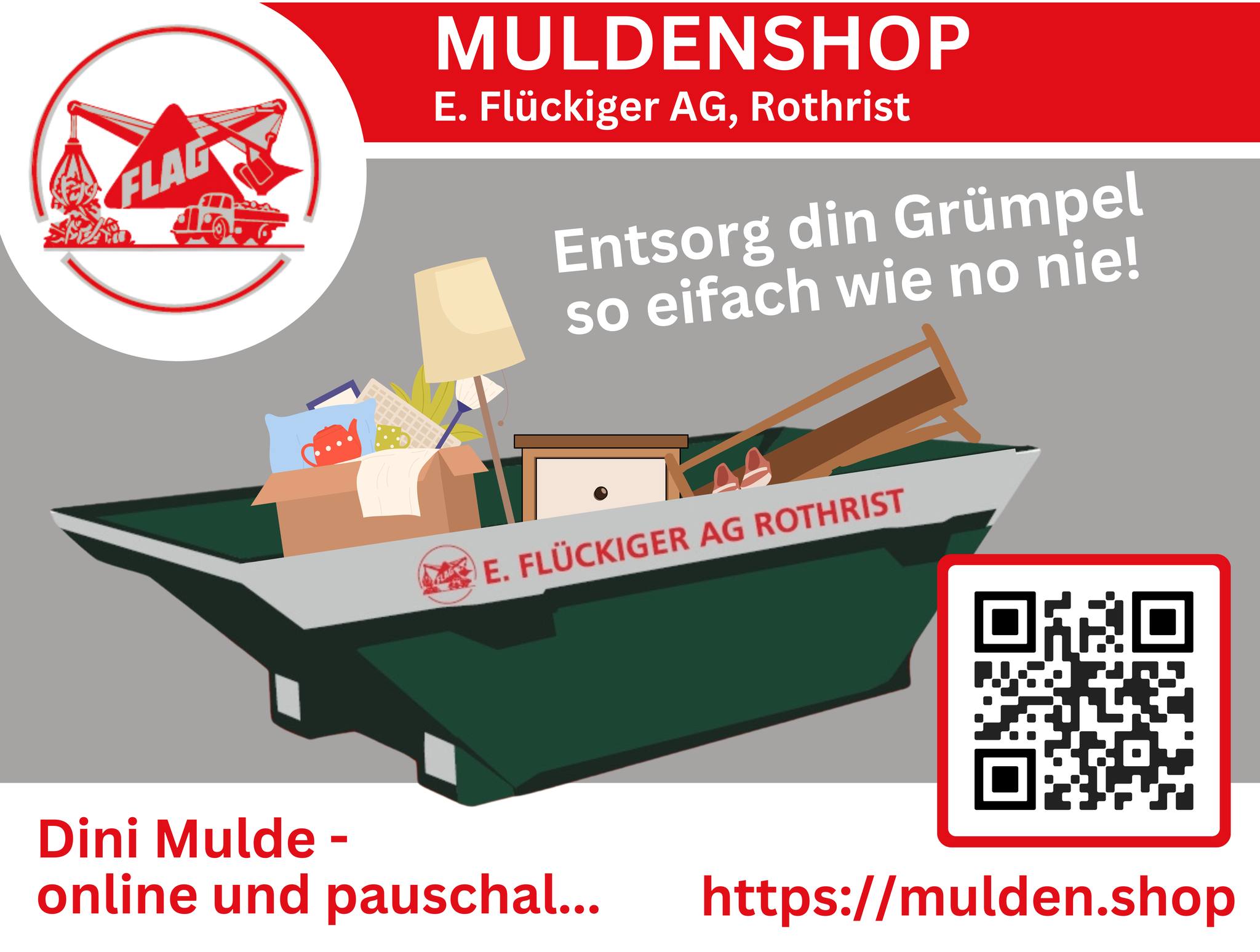 E. Flückiger AG Facebook ad: Du suchst die passende Mulde für Deine Entsorgung?