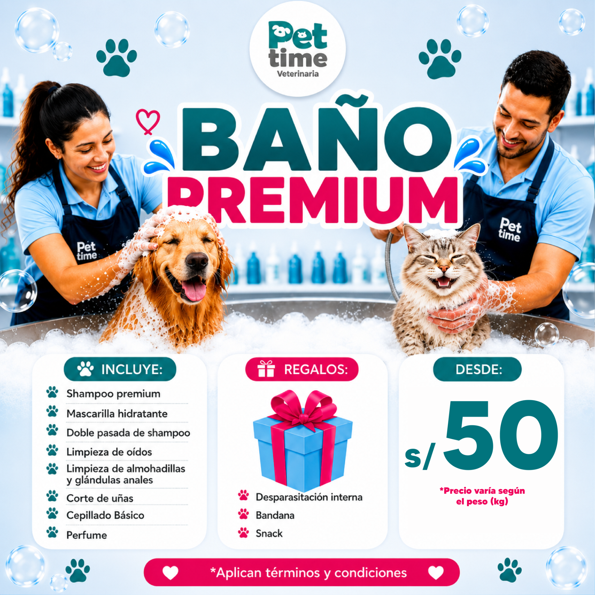 Pet Time Veterinaria Facebook ad: ¡Tu mascota limpia, protegida y consentida en Pet Time!