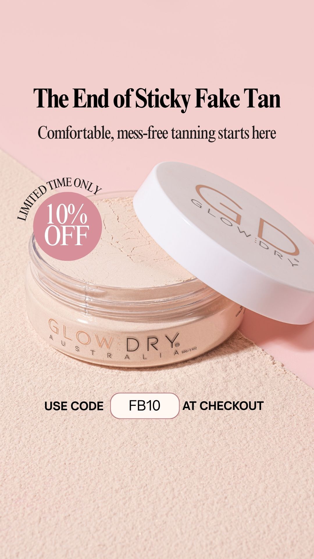 GlowDry - Fake Tan Drying Powder Facebook ad from May 27, 2026