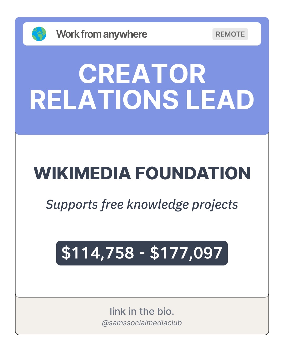 Sam's social media club. Facebook ad: WORK FROM ANYWHERE ROLES